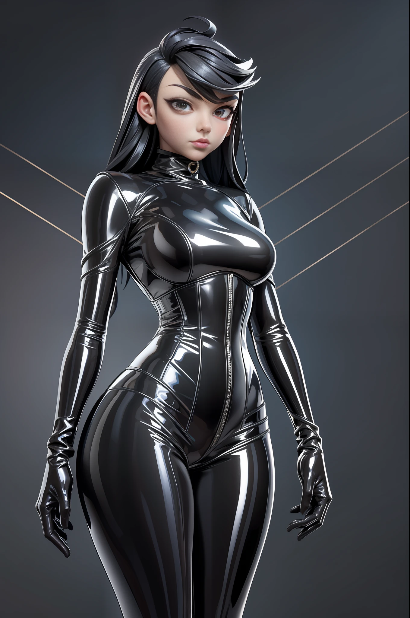 full body picture Unreal Engine 5 8K UHD of beautiful women, wearing tight latex catsuit covered whole body, latex mask, latex collar, corset, latex body harness and lace, arm and leg cuffs, blindfold, latex long glove, best quality, masterpiece