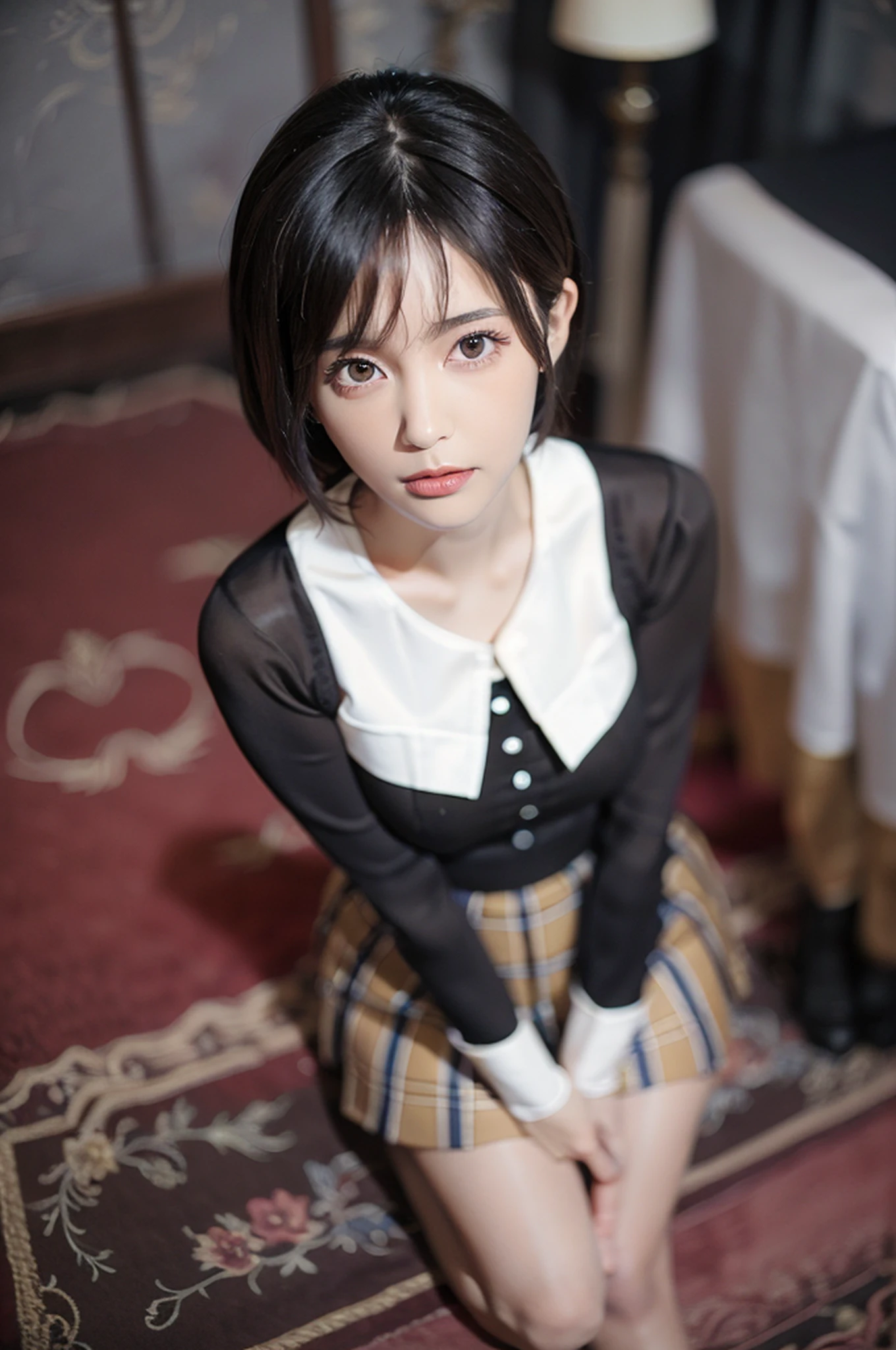 Standing woman, legs together, thin legs, tight skirt, high heels on the floor, hotel room, (masterpiece:1.3), (8k, photorealistic, RAW photo, best quality: 1.4), (1girl), beautiful face, (realistic face), (black hair, short hair:1.3), beautiful hairstyle, realistic eyes, pretty detailed eyes, (realistic skin), beautiful skin, attractive, super high resolution, super realistic, very detailed, golden ratio, cute, cute schoolgirl, japanese schoolgirl uniform, wearing japanese school uniform, surreal high school girl, short skirt, full body, pantyhose, full body perspective