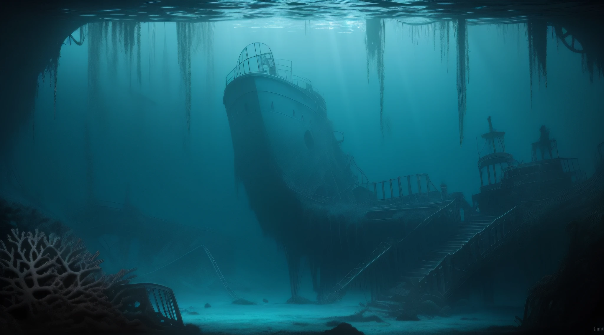 inside the ocean, submersible, exploring the titanic shipwreck, deep sea, submerged in the dark, haunting, rusted iron, coral growth, eerie ambiance.