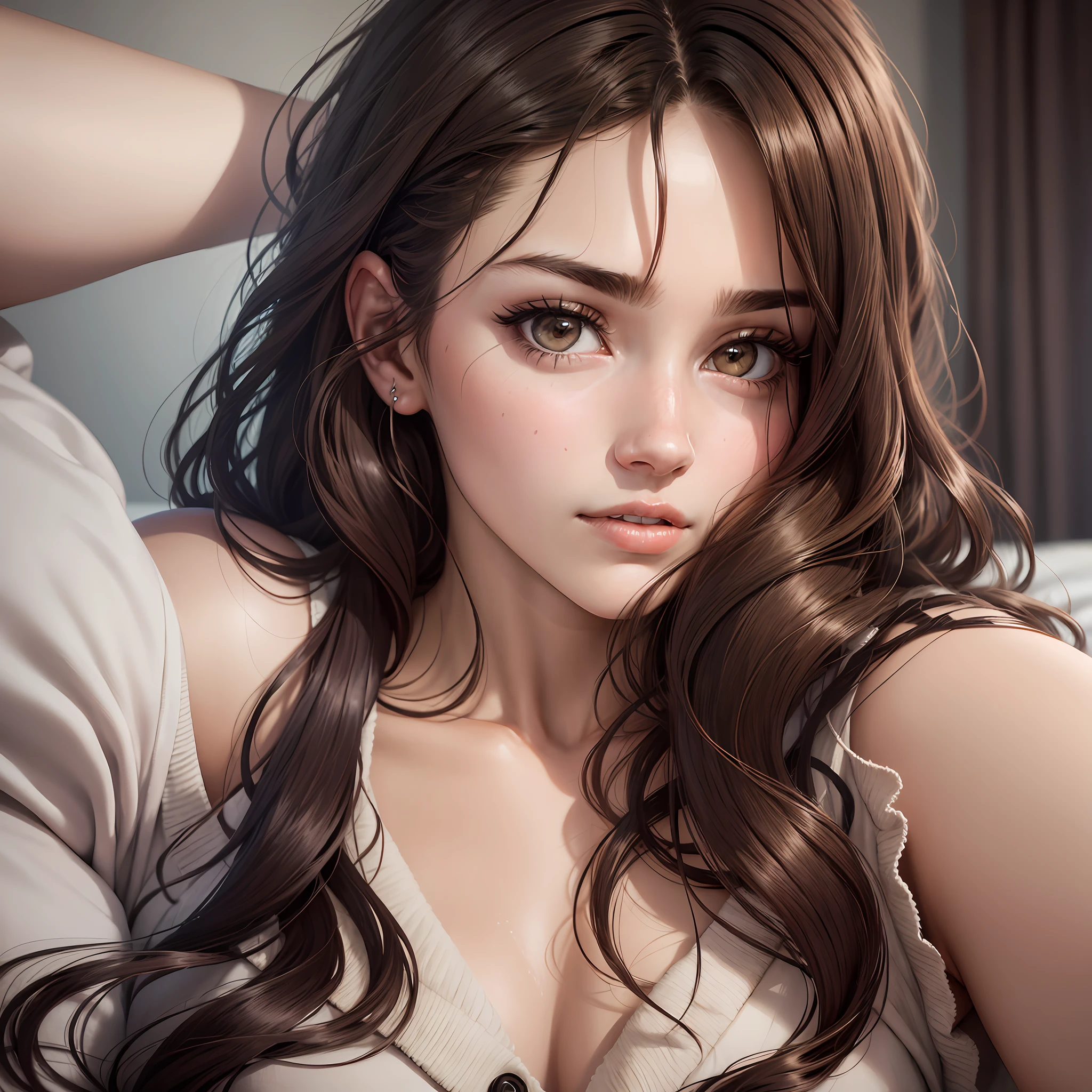 Face of 20 year old woman, looking at me on bed, dark bronze hair, eyes that seem to suck in --auto --s2