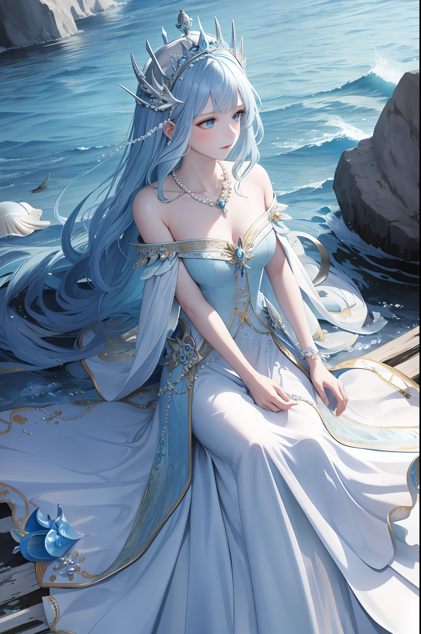 Maiden, alone, long sea blue hair, blue eyes, dress, necklace, pearl, shell, waves, ocean, sea, fish, boat, hyperdetail, best picture quality, white crown, masterpiece, superlative, headdress, intricate details, off-the-shoulder, fairy of the gods