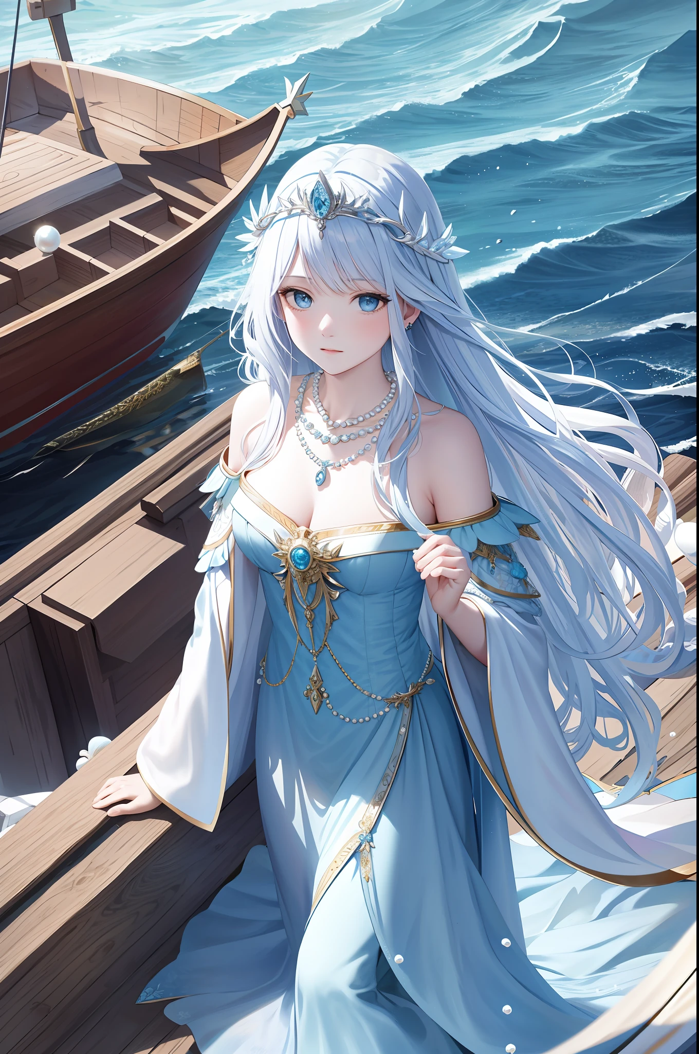Maiden, alone, long sea blue hair, blue eyes, dress, necklace, pearl, shell, waves, ocean, sea, fish, boat, hyperdetail, best picture quality, white crown, masterpiece, superlative, headdress, intricate details, off-the-shoulder, fairy of the gods
