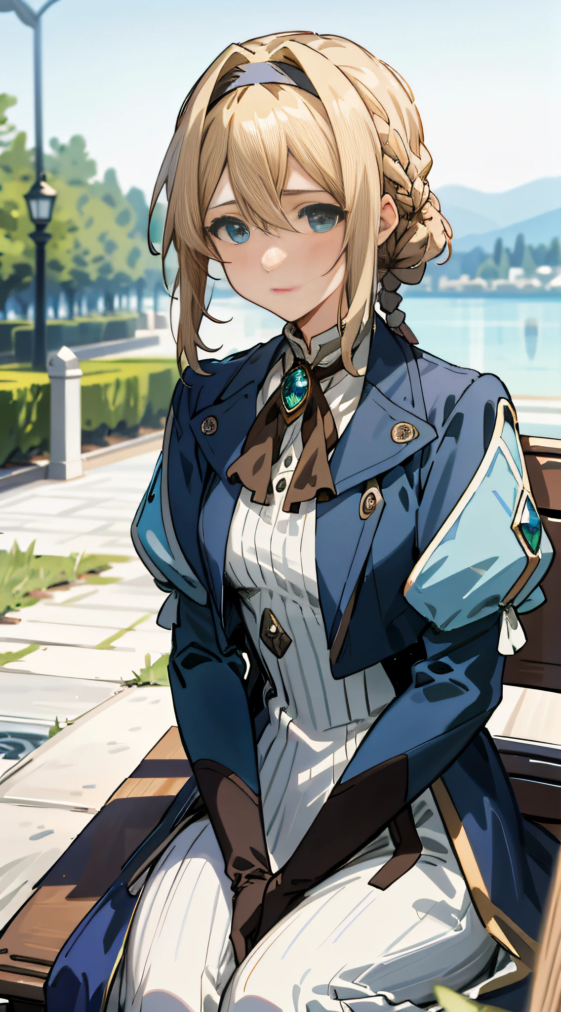 Best quality, masterpiece, highly detailed, anime, 1 girl, upper body, violet_evergarden, medium breasts, perfect face, blonde hair, headband, blue eyes, glowing eyes, blue jacket, long sleeves, white dress, green gemstones, brown gloves, outdoors, exuding sadness, looking at the audience, blue-eyed girl sitting on a bench by the lake, violet eternal garden, this lady looks very feminine with some braid elements, the image is very fine.