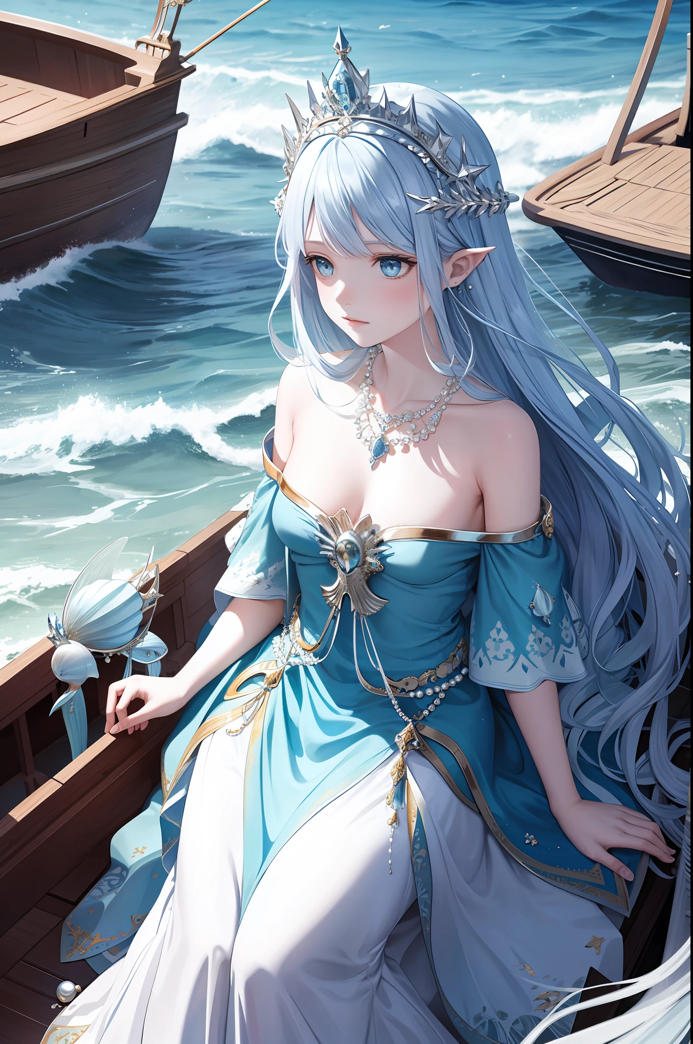 Maiden, alone, long sea blue hair, blue eyes, dress, necklace, pearl, shell, waves, ocean, sea, fish, boat, hyperdetail, best picture quality, white crown, masterpiece, superlative, headdress, intricate details, off-the-shoulder, fairy of the gods