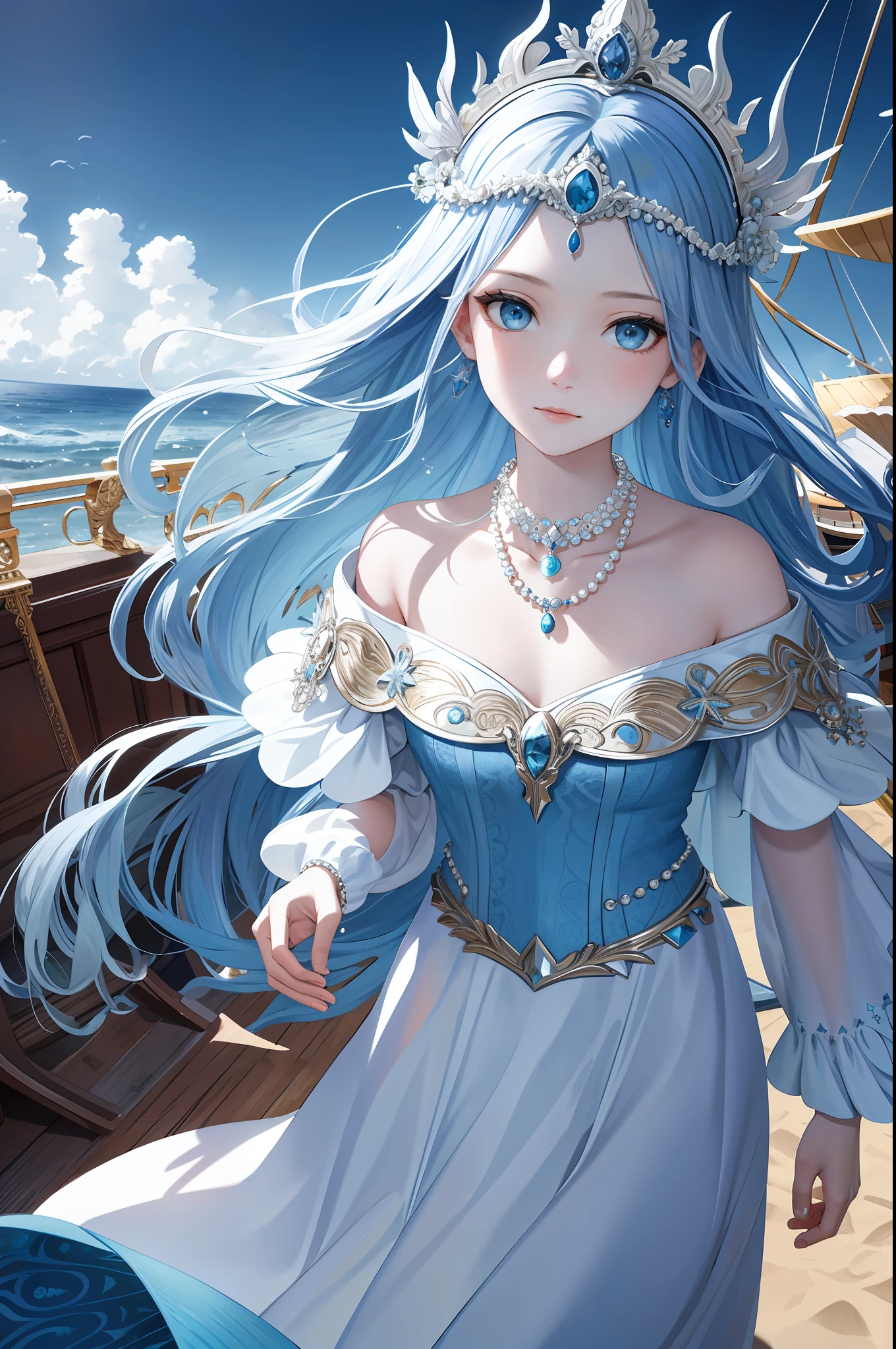 Maiden, alone, long sea blue hair, blue eyes, dress, necklace, pearl, shell, waves, ocean, sea, fish, boat, hyperdetail, best picture quality, white crown, masterpiece, superlative, headdress, intricate details, off-the-shoulder, fairy of the gods