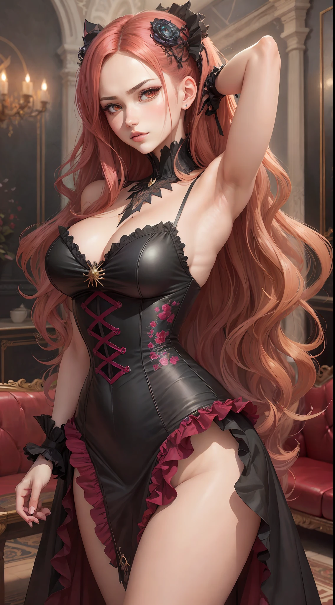 a beautiful woman in the style of anime realism, wavy hair and perfect slim fit body, masterpiece digital art with gothic animecore influence, berry, vibrant, living room, highly detailed gothic style background, eye-catching composition, artgerm, milo manara, sharp focus, portrait