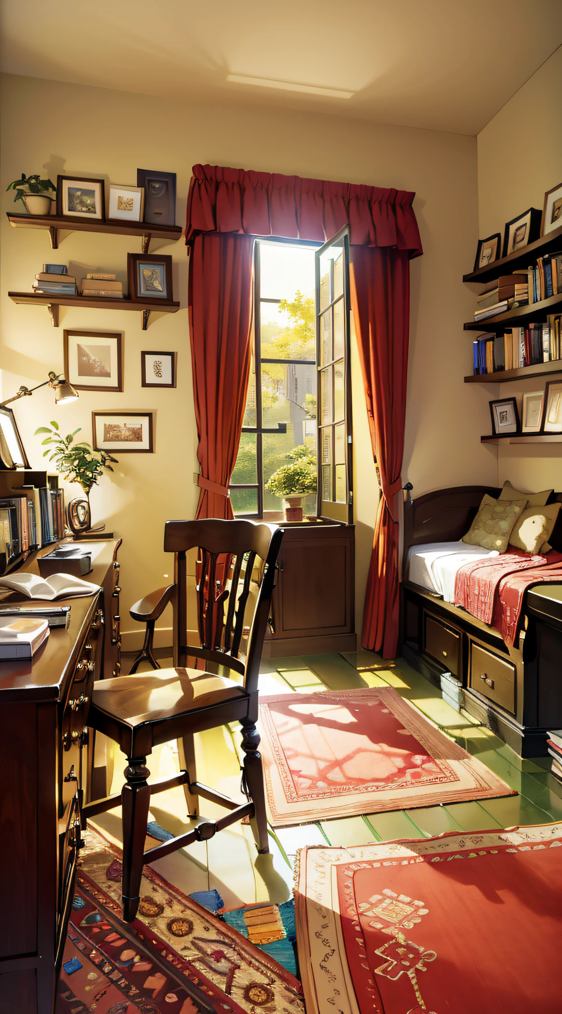 Bedroom, a lot of sundries, HD, very beautiful, very warm, atmospheric sense, there is sunshine, books, bookshelf, bed, table, computer, magazine, plant, poster, sundries, HD, table, chair, carpet, sundries, --auto --s2