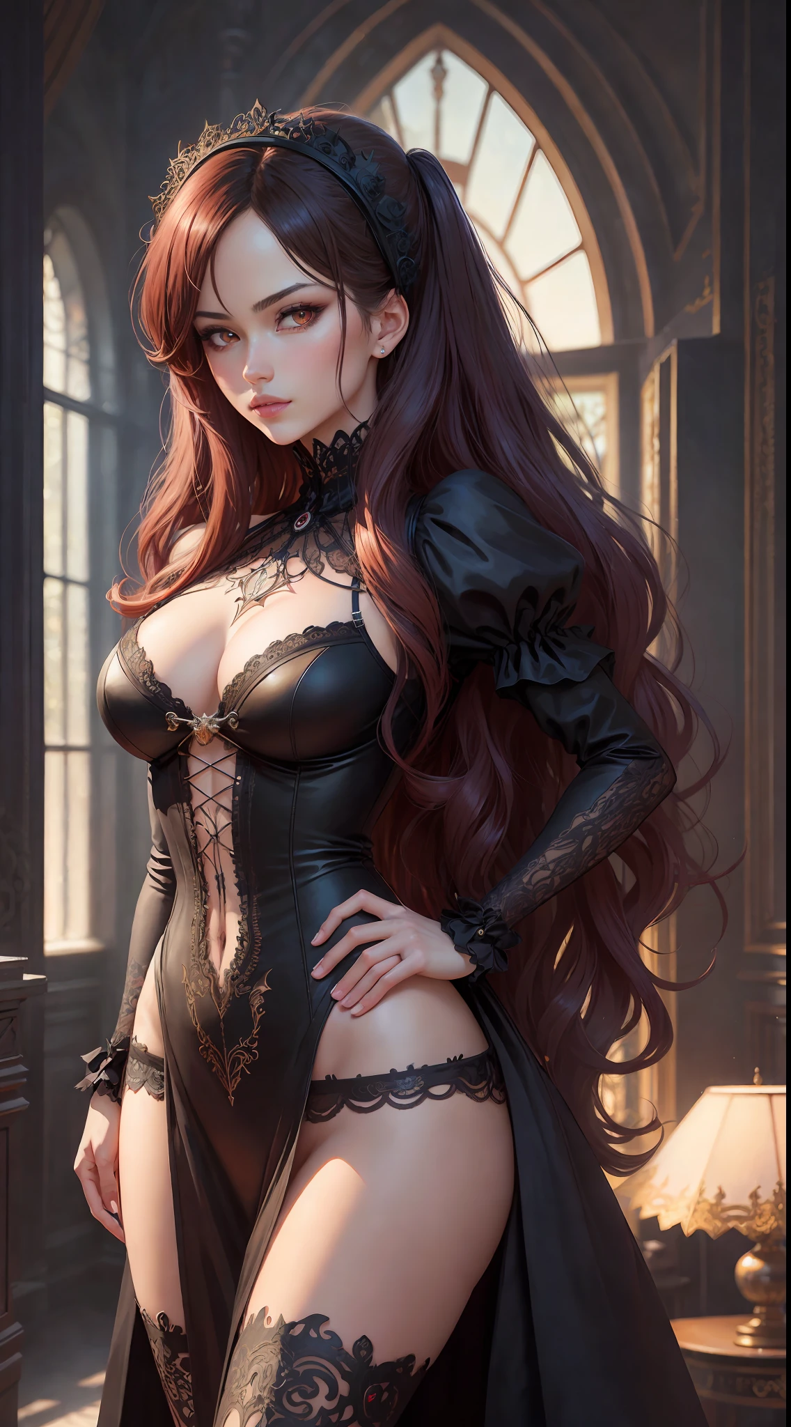 a beautiful woman in the style of anime realism, wavy hair and perfect slim fit body, masterpiece digital art with gothic animecore influence, berry, vibrant, living room, highly detailed gothic style background, eye-catching composition, artgerm, milo manara, sharp focus, portrait