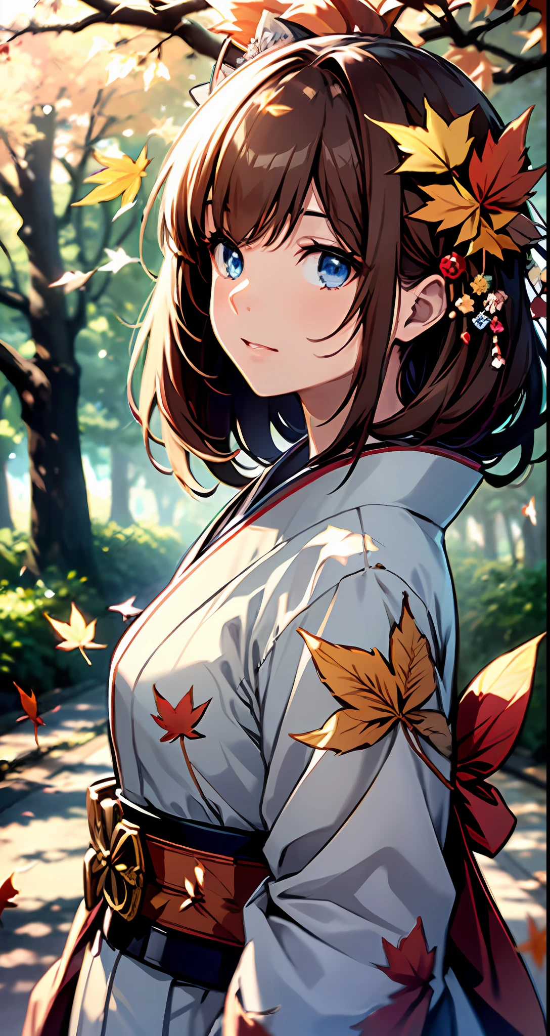 ((masterpiece,best quality)),1girl, bangs, blue eyes, blurred background, tree branches, brown hair, dappled sunlight, flowers, from the side, hair flowers, hair accessories, Japanese clothes, kimono, leaves, (maple leaves: 1.9 ), belt, outdoors, belt, solo, sunlight, upper body