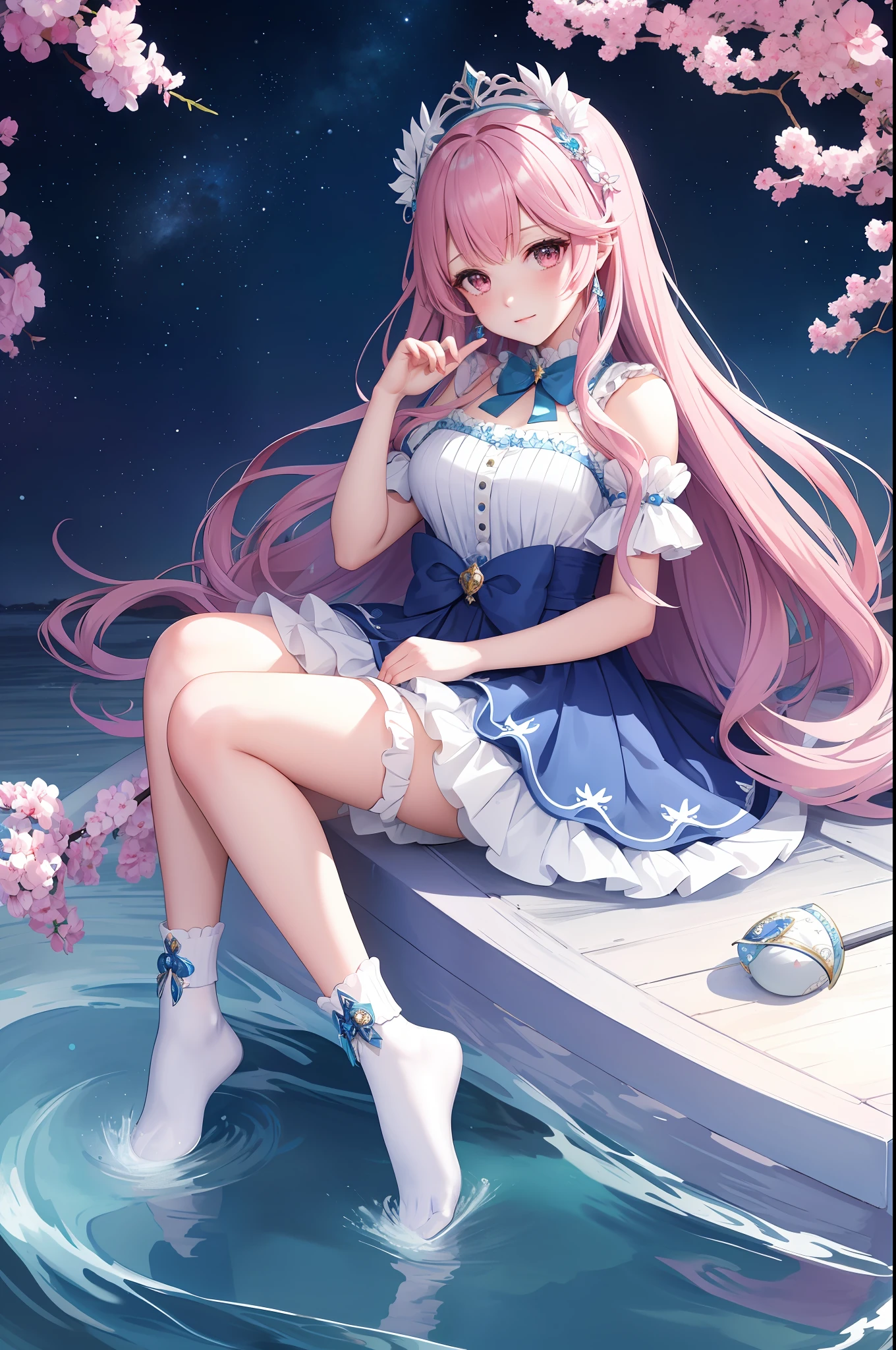 Anime girl in blue dress sitting on a boat with stars on her head, goddess of the sea, goddess of the anime, goddess of the sea, (((beautiful fantasy queen)), blue ocean, cute anime waifu in beautiful clothes, white socks, long socks, stockings, pink shoes, ta shoes, pattern, bow, wallpaper anime blue water, popular on ArtStation pixiv, beautiful girl, beautiful fantasy queen, beautiful fantasy anime, beautiful anime woman