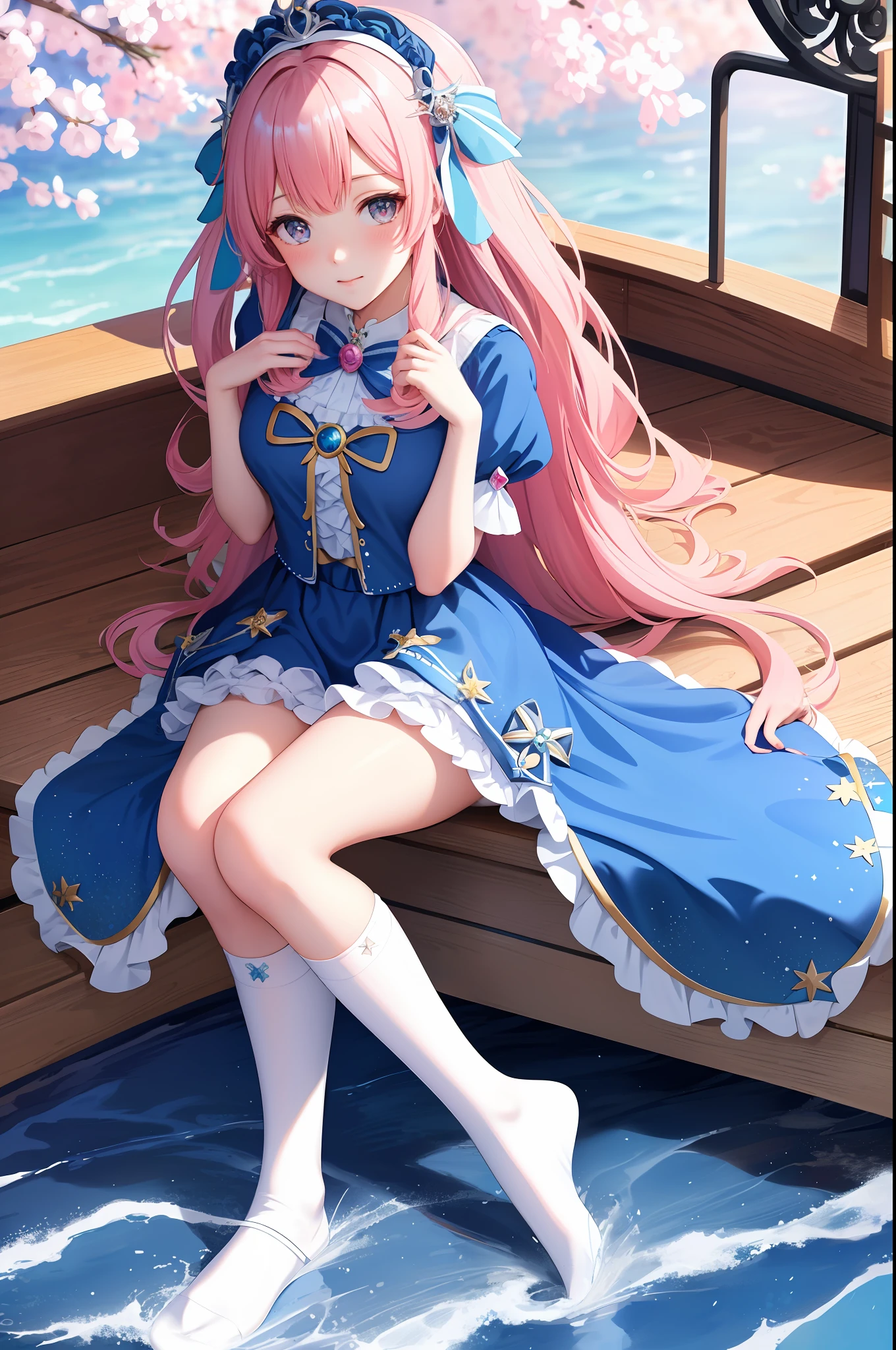 Anime girl in blue dress sitting on a boat with stars on her head, goddess of the sea, goddess of the anime, goddess of the sea, (((beautiful fantasy queen)), blue ocean, cute anime waifu in beautiful clothes, white socks, long socks, stockings, pink shoes, lolita shoes, pattern, bow, wallpaper anime blue water, popular on ArtStation pixiv, beautiful girl, beautiful fantasy queen, beautiful fantasy anime, beautiful anime woman