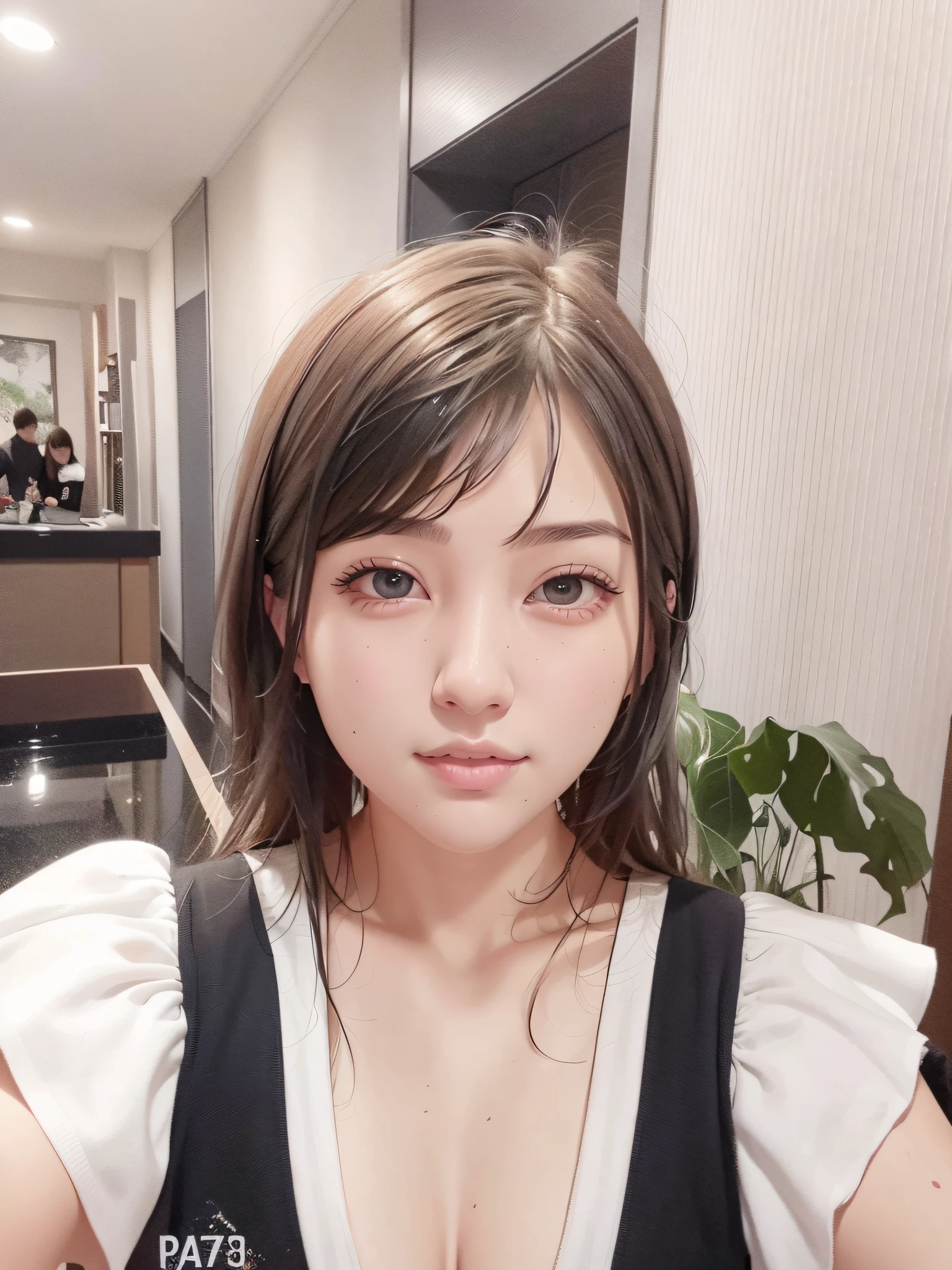 (Best quality, 8k, 32k, masterpiece, UHD: 1.2), photo of beautiful Japanese woman, room, very short Bob hair, upper body, facial focus, oversized_sweater, necklace, simple background, from above, looking at the viewer, (height difference: 1.8), (paint collision splash on canvas), (depth of field), 1 girl's side face blended into it, (side face), open mouth, (liquid pigment rainbow hair: 1.1) by paint and resist gravity, thick flow, (paint splash: 1.3), liquid, stunning, masterpiece, detail background, super high quality model, ethereal background, abstract beauty, explosive volume, oil painting, heavy stroke, romantic light and shadow, subsurface scattering, lens 135mm, f1.8, glow, 8k, high resolution, dreamy, ray tracing, HDR, God ray,