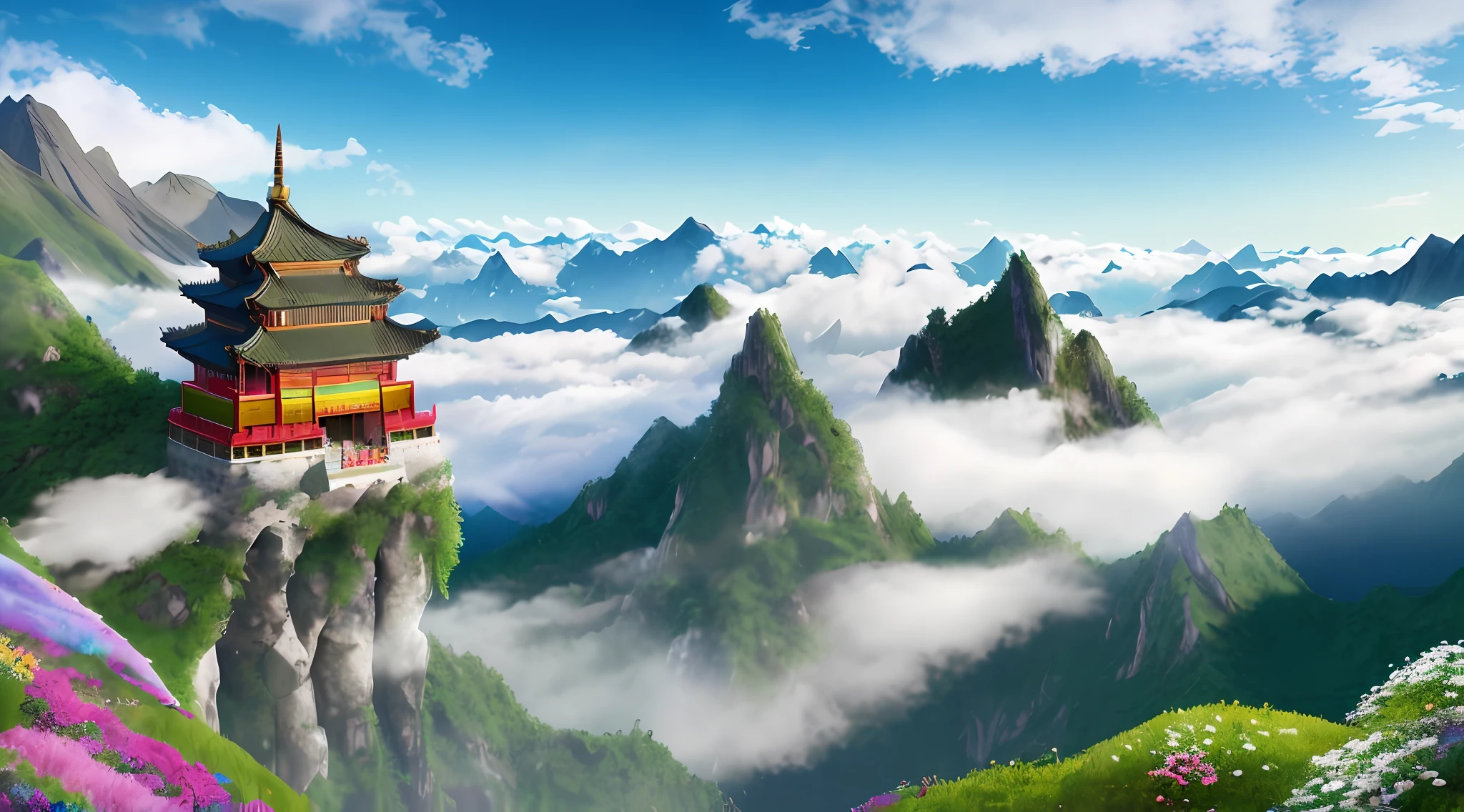 Mountains, mountains and mountains, forests, flowers and trees, colorful clouds, cloud weight, cloud depth, depth of field, dream, fog, ancient Chinese palaces, sky pavilions, fairy air fluttering, virtual fog, falling flowers, flower trees, colorful, fairy online game, sky, plants, sunlight, water, heavenly court, 3D, HD