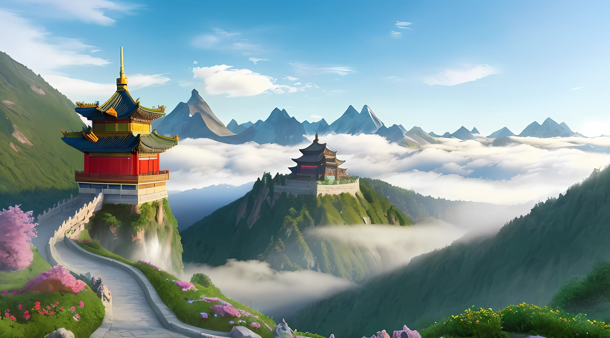 Mountains, mountains and mountains, forests, flowers and trees, colorful clouds, cloud weight, cloud depth, depth of field, dream, fog, ancient Chinese palaces, sky pavilions, fairy air fluttering, virtual fog, falling flowers, flower trees, colorful, fairy online game, sky, plants, sunlight, water, heavenly court, 3D, HD