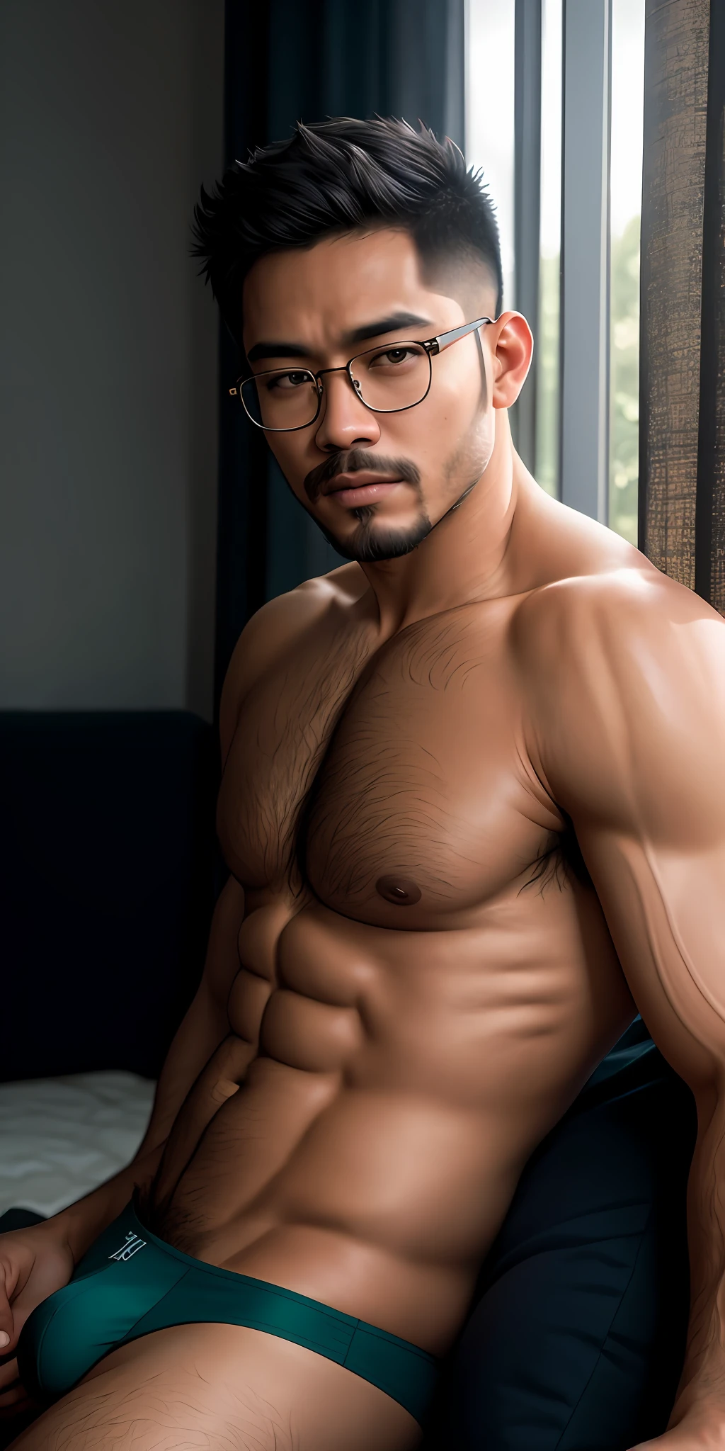 beautiful adult Indonesian college guy, hairy chest, pubic hair, wearing clear glasses, facial hair, short cut hair, bara, Sit in a menungging position, in the bedroom wearing a tight boxer, ((slim, muscular)), photorealistic, photo, masterpiece, realistic, realism, photorealism, high contrast, photorealistic digital art trending on Artstation 8k HD high definition detailed realistic, detailed, skin texture, hyper detailed, realistic skin texture, armature, best quality, ultra high res, (photorealistic:1.4),, high resolution, detailed, raw photo, sharp re, by lee jeffries nikon d850 film stock photograph 4 kodak portra 400 camera f1.6 lens rich colors hyper realistic lifelike texture dramatic lighting unrealengine trending on artstation cinestill 800,