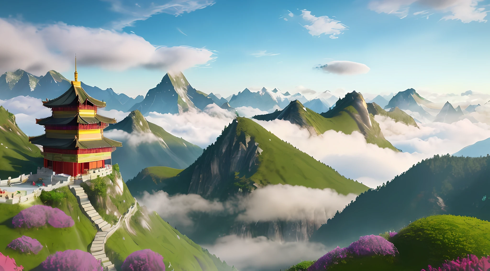 Mountains, mountains and mountains, forests, flowers and trees, colorful clouds, cloud weight, cloud depth, depth of field, dream, fog, ancient Chinese palaces, sky pavilions, fairy air fluttering, virtual fog, falling flowers, flower trees, colorful, fairy online game, sky, plants, sunlight, water, heavenly court, 3D, HD