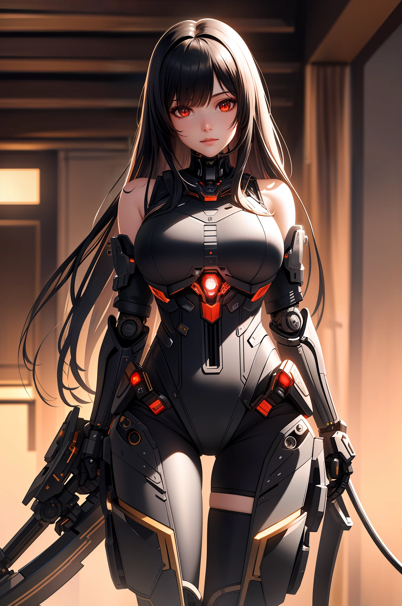 Fine, (Best Illustration), 8k Resolution, Intricate Detail, Best Quality, Realistic, Ultra Detailed, Best Lighting, Best Shadows, Ultra HD, (Bionic Mech), Scorpion Mech, Bishoujo Mech v6, long black hair, red eyes, large breasts