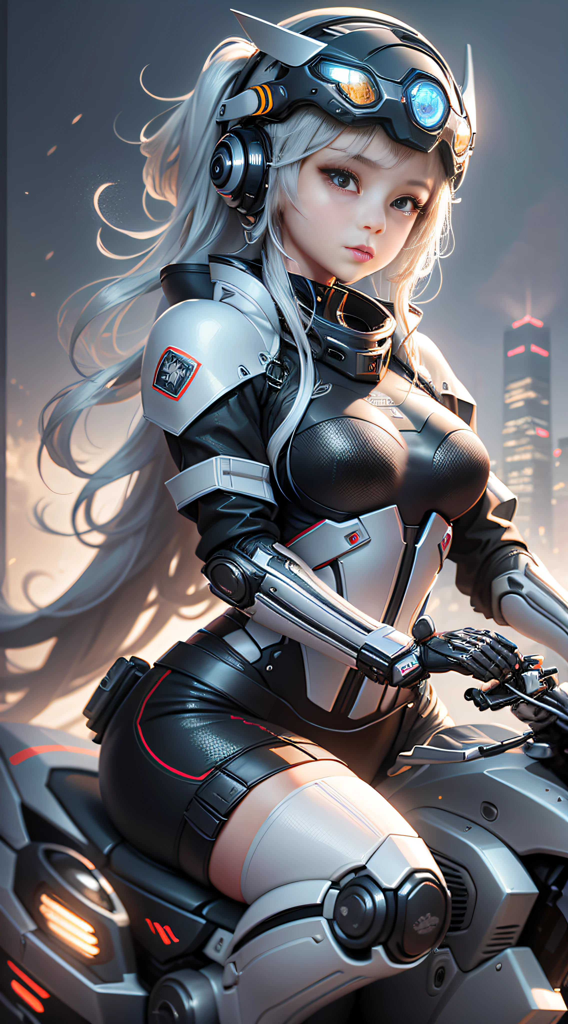 Highest image quality, outstanding details, ultra-high resolution, (fidelity: 1.4), the best illustrations, favor details, highly condensed 1girl, with a delicate and beautiful face, dressed in black and silver mecha, wearing a mecha helmet, holding a direction controller, riding on a motorcycle, the background is a high-tech lighting scene of the future city