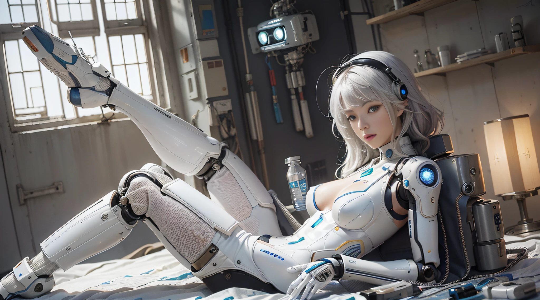 Realism, a woman in white lace (limbs in a robot suit) (lace, full robot suit: 1.55) (body turn viewer: 1.2), (head turn to left: 1.8), (legs apart, white hair, cyborg, robot parts, beautiful and detailed body and face, sakimichan hdri, amouranth, beautiful and detailed orixa, 2049, chiaki nanami, african futurism, made in maya, sam yang, 2070, cyborg, robot part, 150mm, beautiful studio soft light, edge light, vibrant details, luxurious cyberpunk, lace, surrealism, anatomy, facial muscles, cable wire, microchip, elegant, beautiful background, octane rendering, 8k, best quality, masterpiece, illustration, very refined and beautiful, very detailed, CG, unified, wallpaper, (realistic, Realistic: 1.37), stunning, fine details, masterpiece, best quality, official art, very detailed CG unified 8k wallpaper, ridiculous, incredibly ridiculous, robot, silver helmet, (full body: 1.4), joint glow, light reflection, sitting, lying, floating in the air, (nsfw: 1.2)