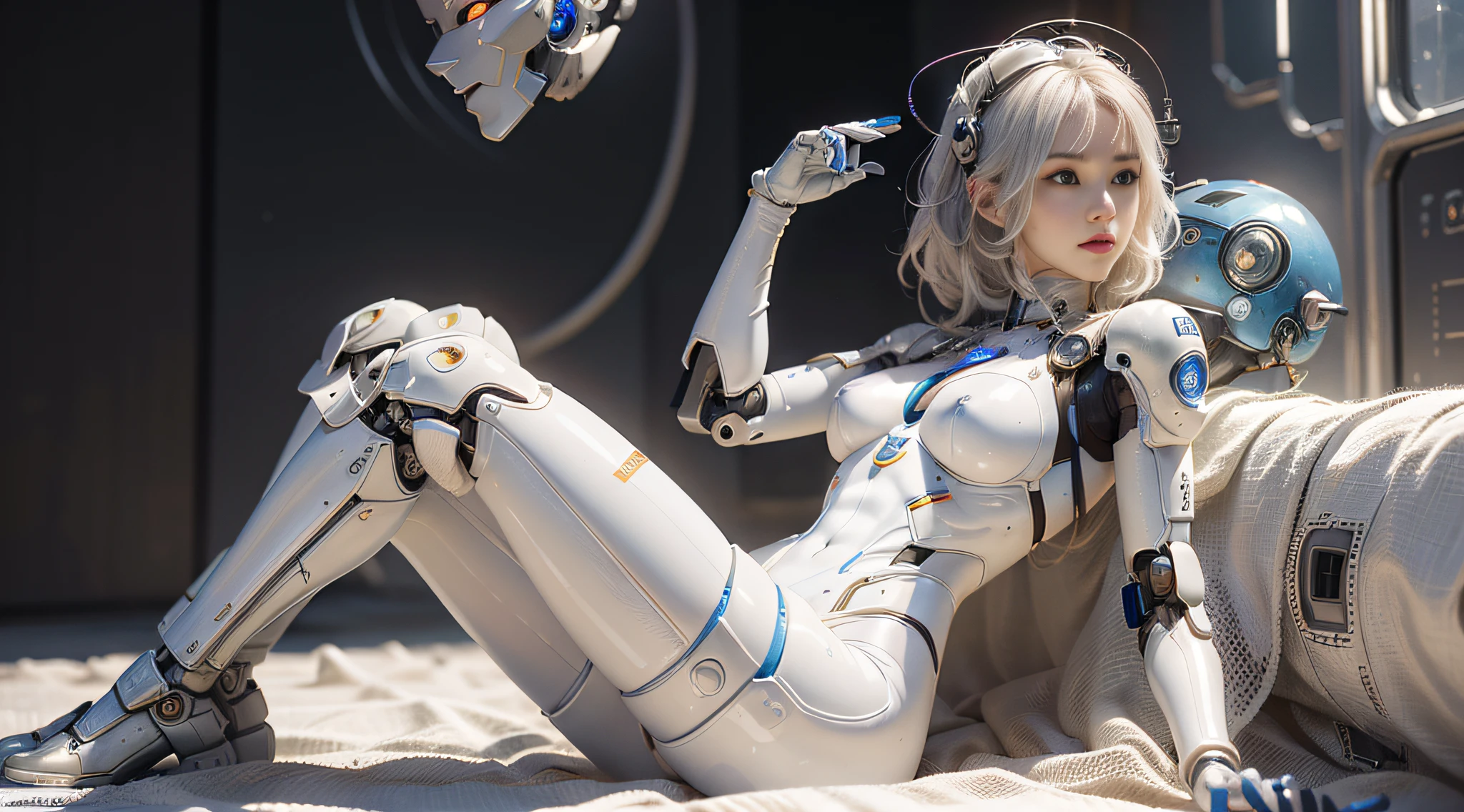 Realism, a woman in white lace (limbs in a robot suit) (lace, full robot suit: 1.55) (body turn viewer: 1.2), (head turn to left: 1.8), (legs apart, white hair, cyborg, robot parts, beautiful and detailed body and face, sakimichan hdri, amouranth, beautiful and detailed orixa, 2049, chiaki nanami, african futurism, made in maya, sam yang, 2070, cyborg, robot part, 150mm, beautiful studio soft light, edge light, vibrant details, luxurious cyberpunk, lace, surrealism, anatomy, facial muscles, cable wire, microchip, elegant, beautiful background, octane rendering, 8k, best quality, masterpiece, illustration, very refined and beautiful, very detailed, CG, unified, wallpaper, (realistic, Realistic: 1.37), stunning, fine details, masterpiece, best quality, official art, very detailed CG unified 8k wallpaper, ridiculous, incredibly ridiculous, robot, silver helmet, (full body: 1.4), joint glow, light reflection, sitting, lying, floating in the air, (nsfw: 1.2)