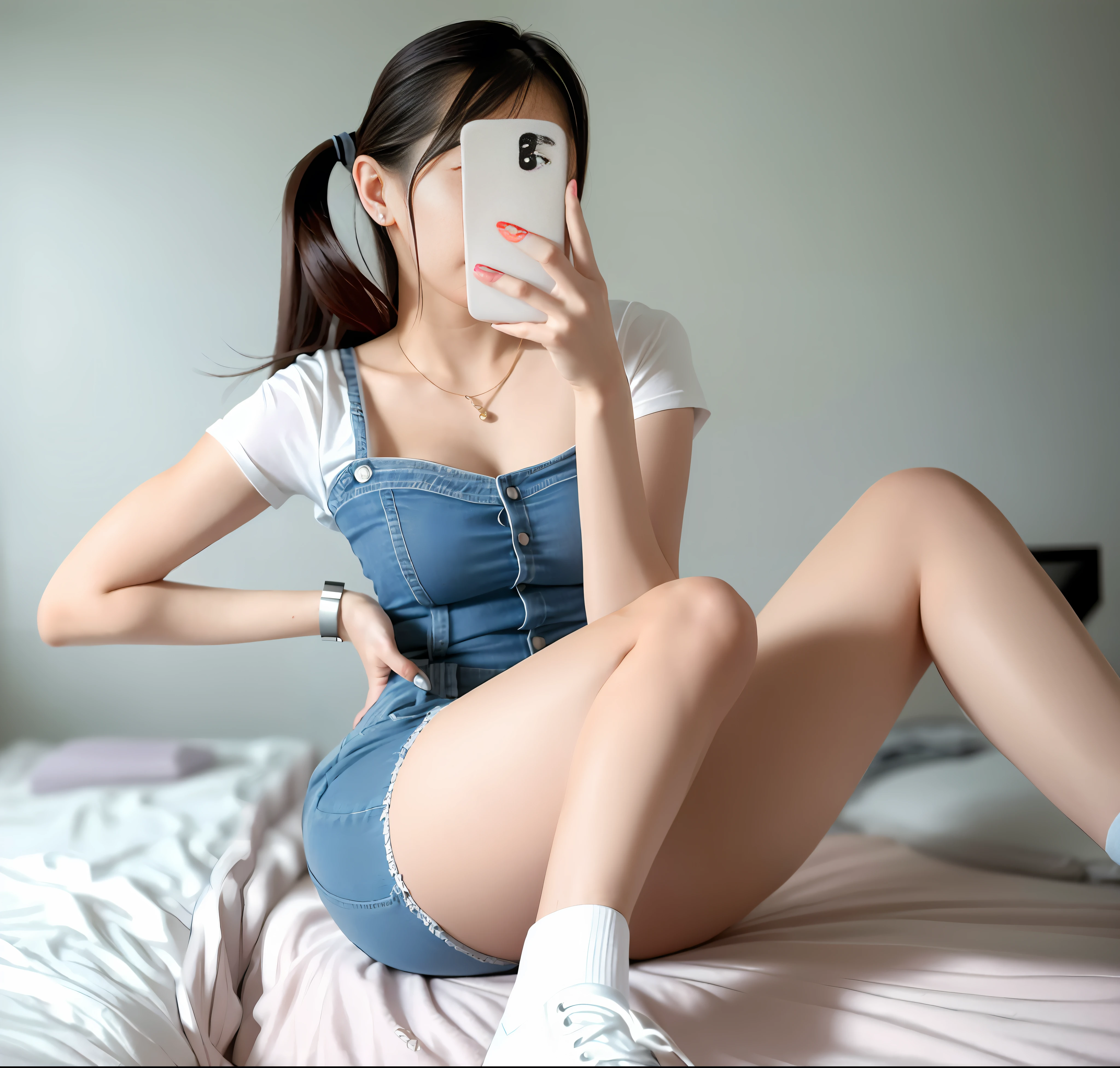 Girl sitting on bed taking pictures of herself, Slim girl photo, full body cute young lady, slim girl model photo, smooth white denim group suit, pretty face with arms and legs, full body picture, wearing denim skirt, 19 years old girl, 2263539546], Instagram model