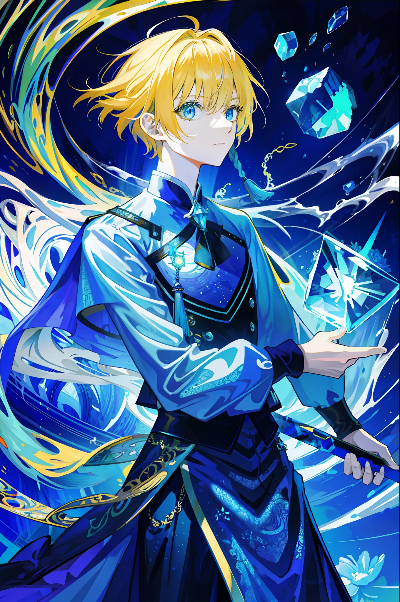 Realistic, (Masterpiece, Top Quality, Best Quality, Official Art, Beauty and Aesthetics: 1.2), Very Detailed, Fractal Art, Colorful, Most Detailed, Zentangle, (Abstract Background: 1.5) (1boy: 1.3), God, Blonde Hair, Short Hair, (Glowing Blue Eyes), Pectorals, Abs, Mysterious, (Magic), Crystal, Handsome Man, Knight, (Huge Crystal Shield), (Crystal Sword)