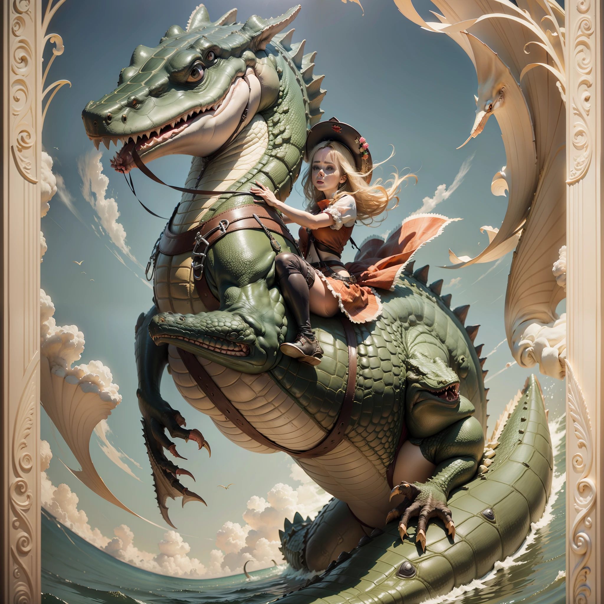 a beautiful girl riding a giant crocodile