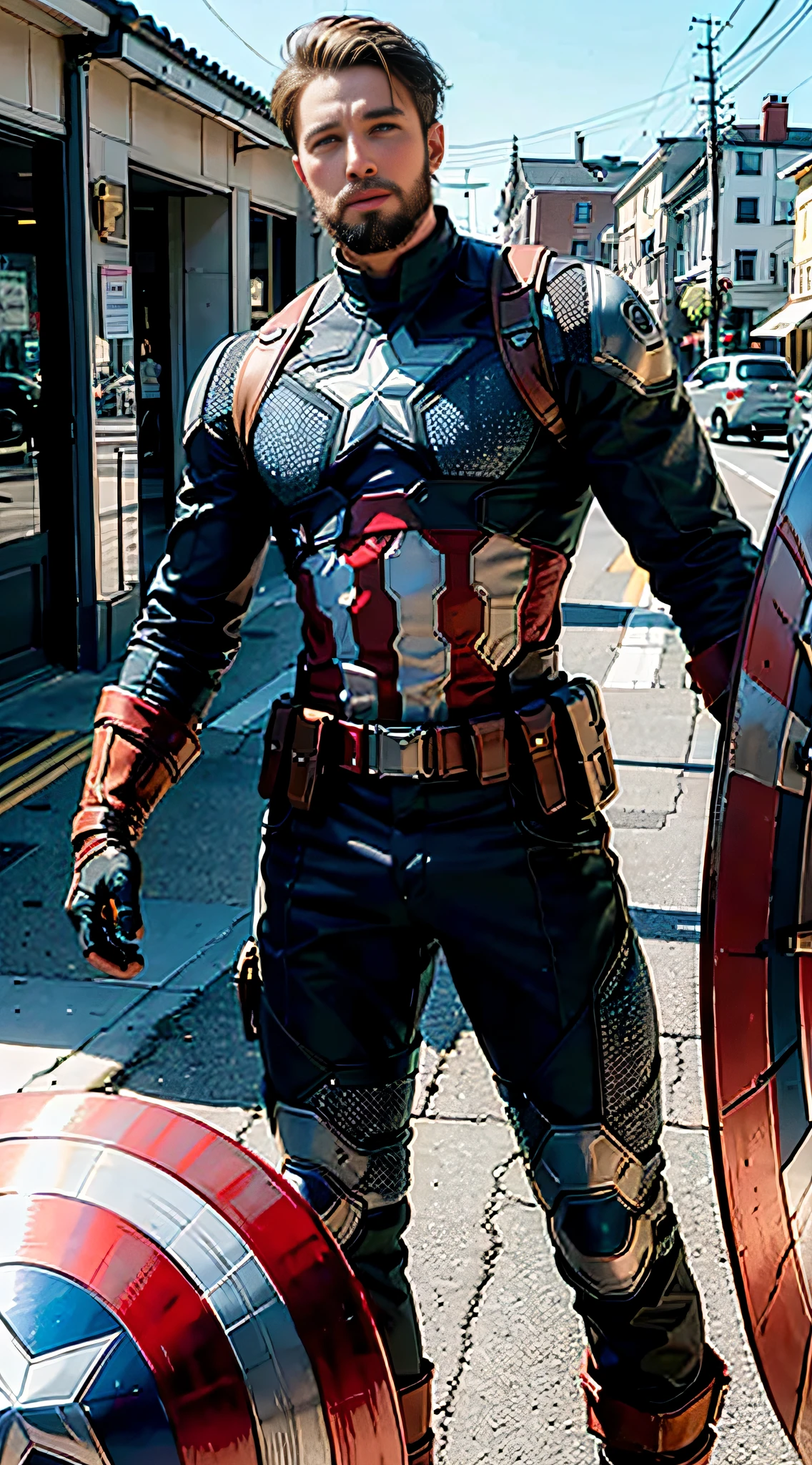 extremely detailed photo a man wearing captain america armor lorarobertdj, stylish short beard, model photoshoot, 8k UHD, ultra detailed, RAW photography