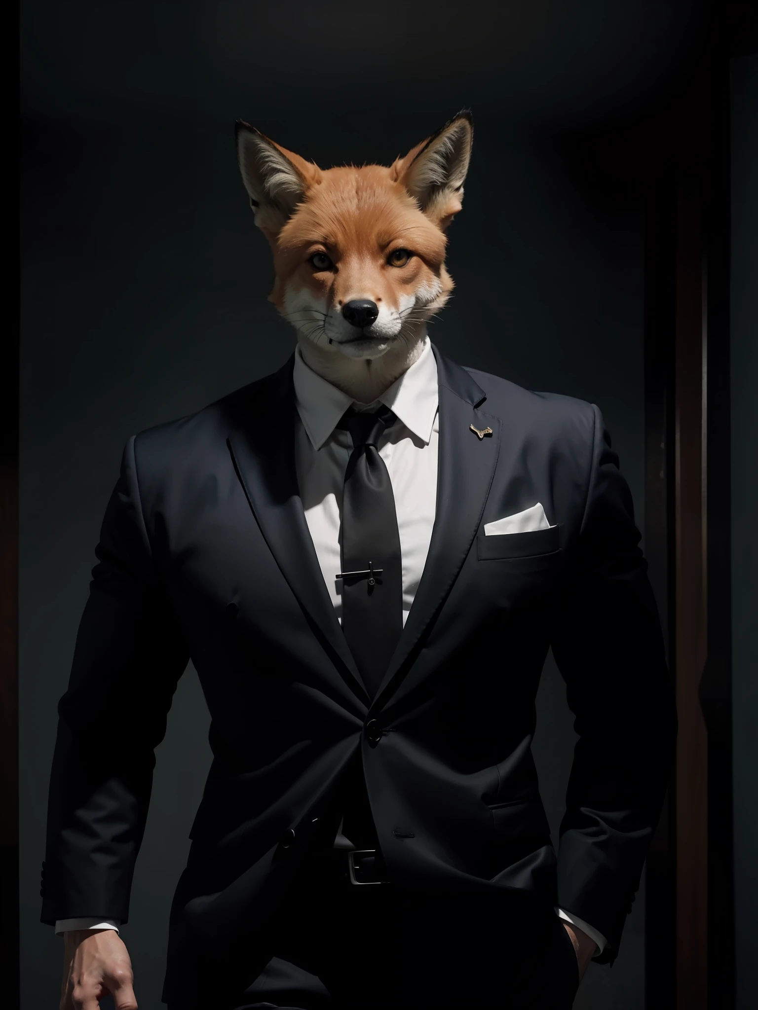 fox anthropomorphic,suit,big muscle,dramatic lighting,