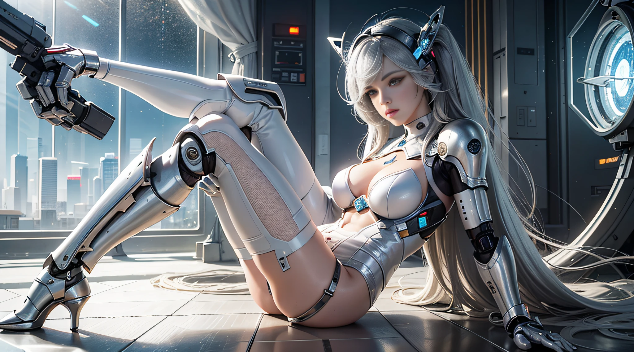 Realism, a woman in white lace (limbs in a robot suit) (lace, full robot suit: 1.55) (body turn to the audience: 1.2), (head to the left: 1.8), (legs apart: 1.4), gray hair, cyborg, robot parts, beautiful and detailed body and face, sakimichan hdri, amouranth, beautiful and detailed orixa, 2049, chiaki nanami, african futuristic, made in maya, sam yang, 2070, cyborg, robot part, 150mm, beautiful studio soft light, edge light, vibrant details, luxurious cyberpunk, lace, surrealism, anatomy, facial muscles, cable wire, microchip, elegant, beautiful background, octane rendering, 8k, best quality, masterpiece, illustration, very refined and beautiful, very detailed, CG, unified, wallpaper, (realistic, Realistic: 1.37), amazing, fine details, masterpiece, best quality, official art, very detailed CG unified 8k wallpaper, ridiculous, incredibly ridiculous, robot, silver helmet, (full body: 1.4), joint glow, light reflection, pose, floating in the air, (nsfw: 1.2)