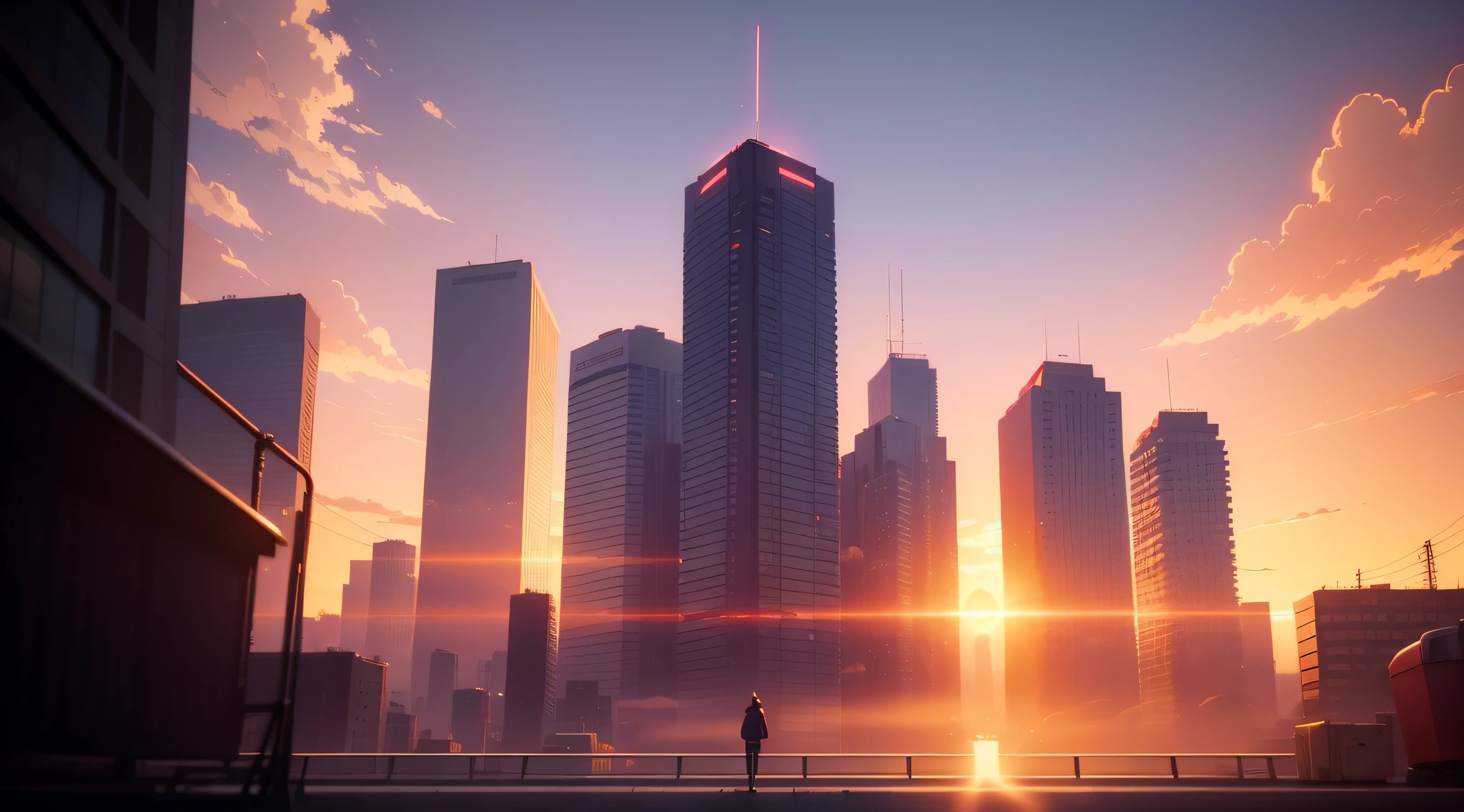 (Masterpiece: 1.2, highest quality), (Lighting) 3, detailed anime-style illustrations, urban buildings dyed in the sunset looking up with a telephoto lens from a distant distance, buildings in shadow and haze. The entire screen is bright red, Makoto Shinkai, anime style, the sky and clouds are dyed bright red.