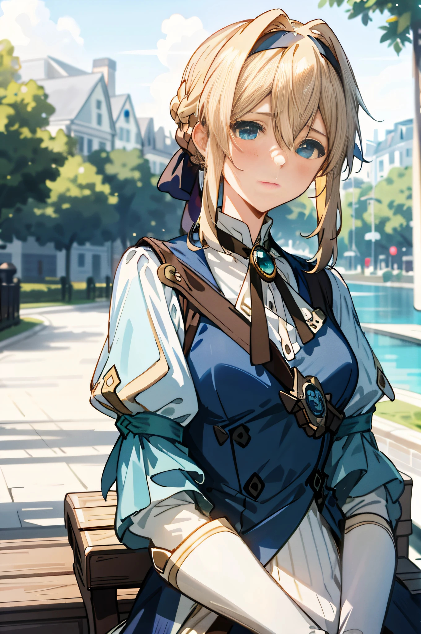 Best quality, masterpiece, highly detailed, anime, 1 girl, upper body, violet_evergarden, medium breasts, perfect face, blonde hair, headband, blue eyes, glowing eyes, blue jacket, long sleeves, white dress, green gemstones, brown gloves, outdoors, street, depth of field, looking at the audience, exuding sadness, looking at the audience, blue-eyed girl sitting on a bench by the lake, violet Evergarden, this lady looks very feminine with some braid elements, The image is very detailed.