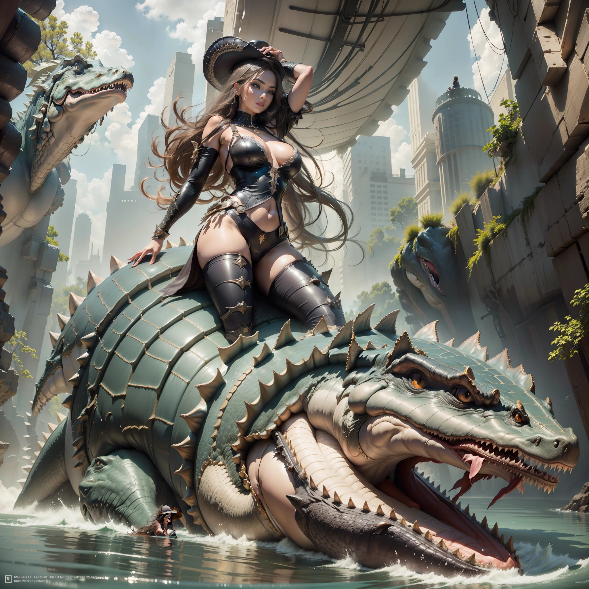a gorgeous, breathtaking, breathtakingly beautiful girl saddled atop an enormous, massive, gargantuan prehistoric crocodile, with the girl looking sultry, seductive, and sexy.