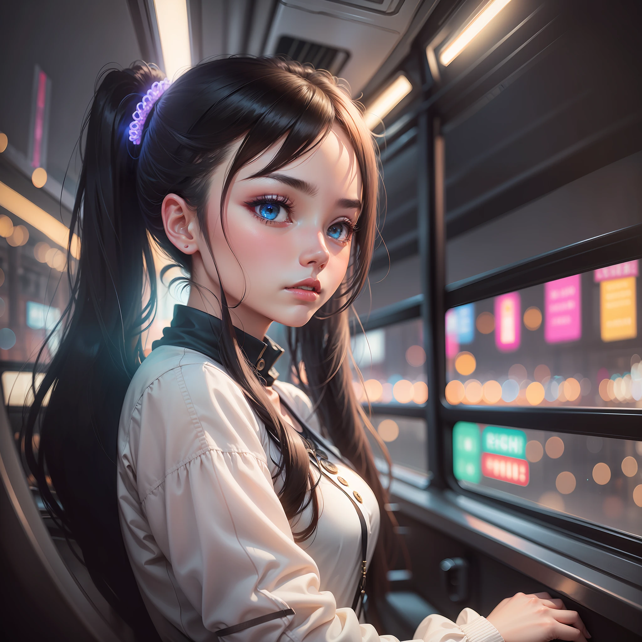 (Guangzhou landmark background), bustling night inside car, neon flashing, lonely girl, beautiful (1.21), staring at the sky in a daze, melancholy, 22 years old, short ponytail, heterochromia, UHD, anatomically correct, high detail, 16k