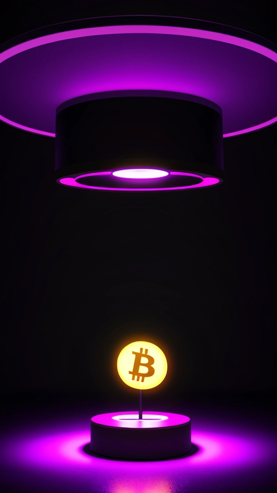 A closeup of a lamp with a Bitcoin lit inside, Bitcoin, crypto, Satoshi, cryptocurrency, lamp, purple and yellow lighting, represented as a 3D rendering, light on top, purple light, light from below, purple color lighting, a vertical lamp, neon lamp, purple volumetric lighting, 3D rendering even lit, on a dark, cyberpunk, ultra realistic background