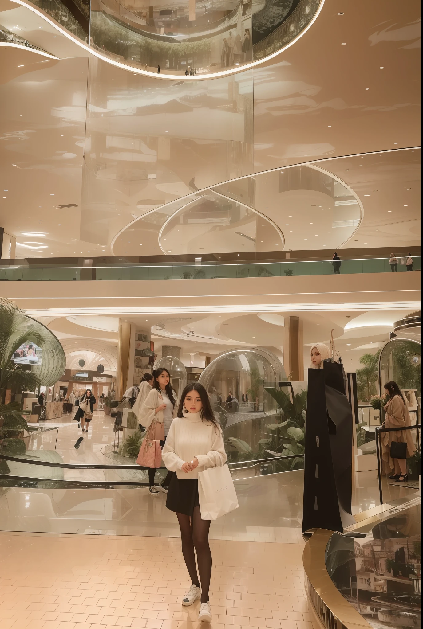 there is a woman walking through a mall with a shopping bag, in magnificent shopping mall, masterpiece work of art, trending ,, full - view, in a mall, photo from 2022, on a futuristic shopping mall, wonderful masterpiece, 🤬 🤮 💕 🎀, full body wide shot, 🦩🪐🐞👩🏻🦳
