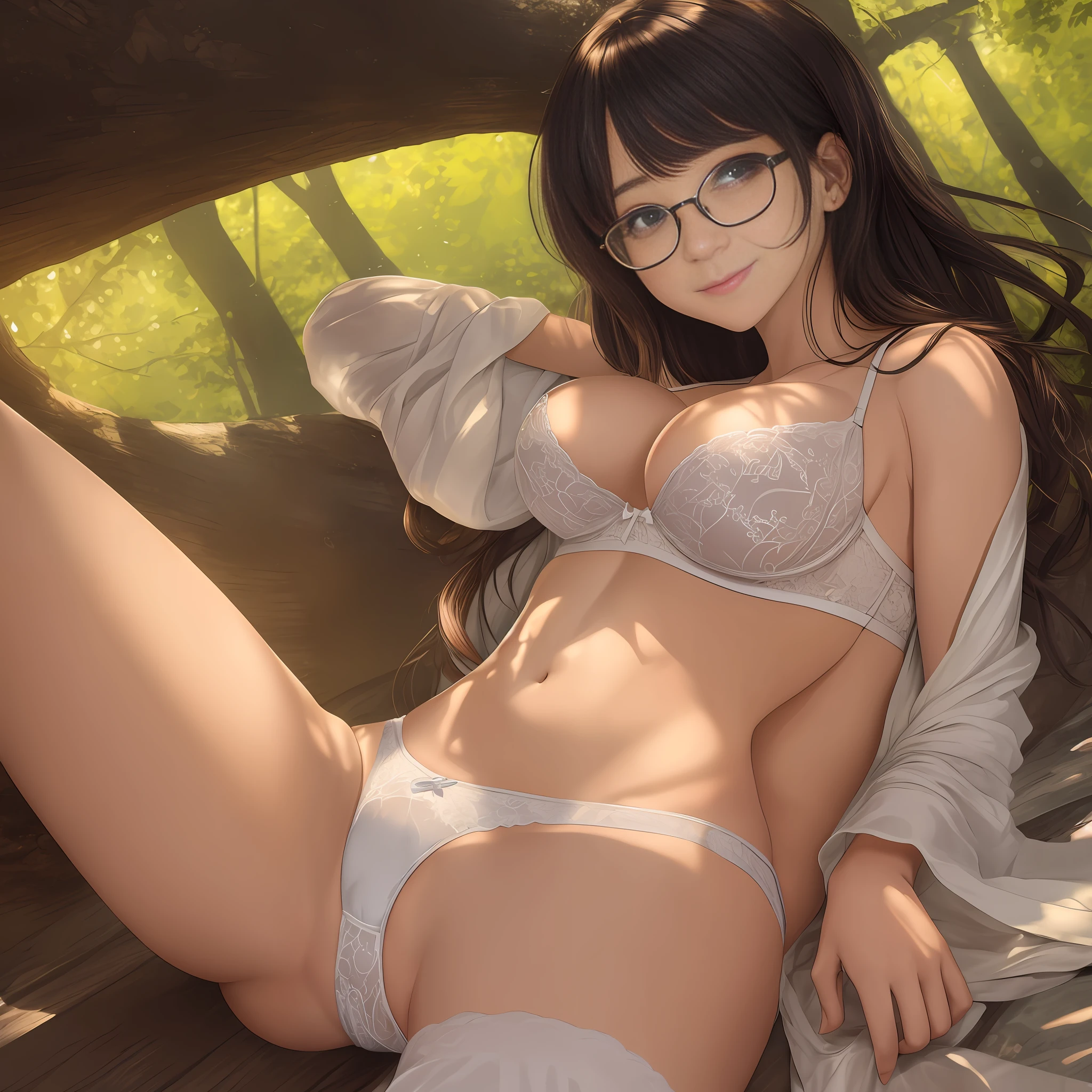 (Masterpiece: 1.2, Best Quality, Intricate Detail, Super Detail, Super High Quality, High Resolution, Best Shadow, Best Lighting, 4K) Kasen Tosu,
cleavage, nice hips, white cotton underwear, underwear, open legs, tall girl, Face: 1, glasses, kind smile, little sagging eyes, (long black hair), sunlight coming through the trees, warm lighting, colorful