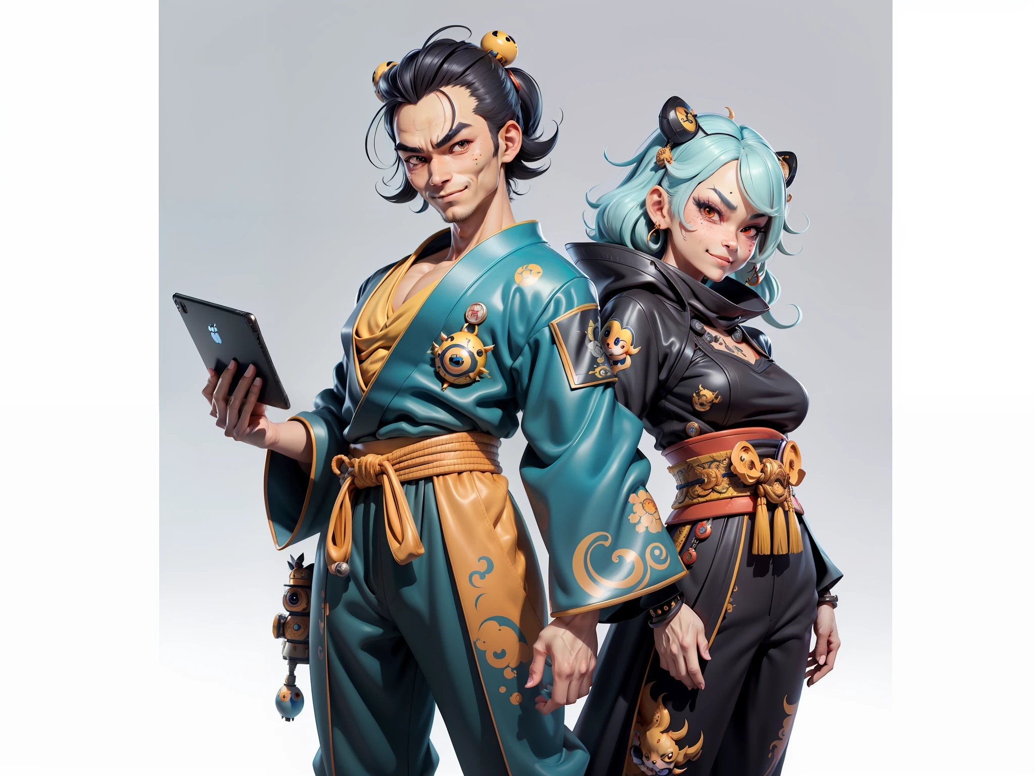 (Masterpiece), (Extreme Quality), (Super Meticulous), (Full Body: 1.2), Super Young Woman, Japanese Female Geisha, Beauty, Chinese Dragon, Tiger, Fengshen Thor, Sexy, Bursting, Oriental Face, TV Anchor, Bust Portrait Illustration, Alone, Black Suit, Blue Tie, Slightly Chubby, Very Clean Face, No Beard, Black Super Short Hair, Black Eyes, Confident Smile, 3c Computer Sub-Products, iPad, iPhone, Digital Painting, 3D character design by Mark Clairedon and Pixar and Hayao Miyazaki and Akira Toriyama, the illustrations are HD illustrations in 4K resolution with highly detailed facial features and cartoon-style visuals.