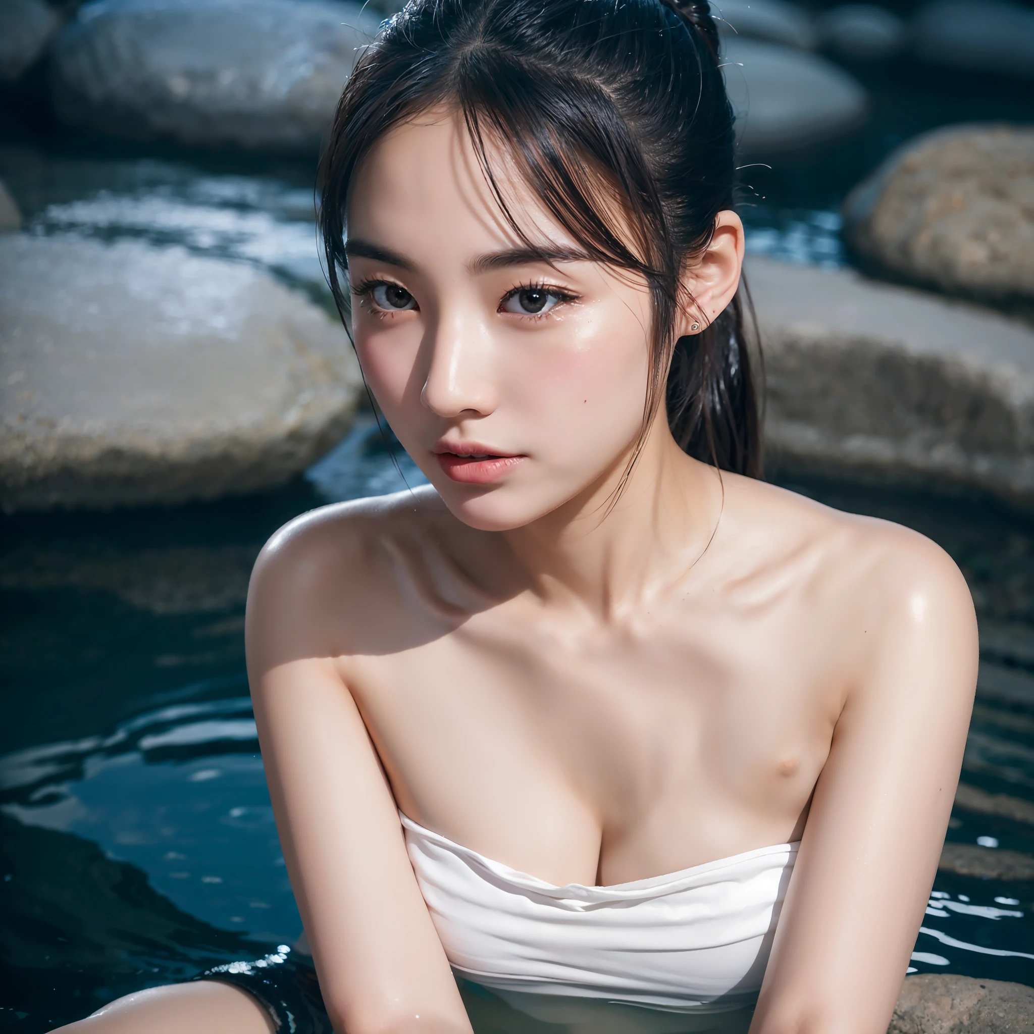 Top quality, delicate details, very detailed eyes and face, ((night))), (open-air rock bath), (white cloudy water), 1 beautiful girl, sweat, ponytail, upbeat cheeks, no makeup, upper eyes, strapless, lighting on figure, (((((background dark))))