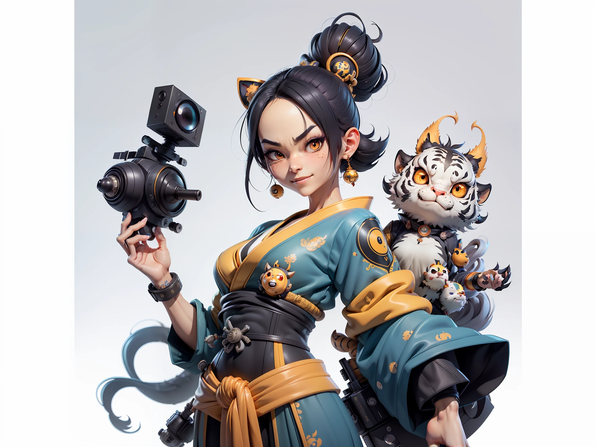 (Masterpiece), (Extreme Quality), (Super Meticulous), (Full Body: 1.2), Super Young Woman, Japanese Female Geisha, Beauty, Chinese Dragon, Tiger, Fengshen Thor, Sexy, Bursting, Oriental Face, TV Anchor, Bust Portrait Illustration, Alone, Black Suit, Blue Tie, Slightly Chubby, Very Clean Face, No Beard, Black Super Short Hair, Black Eyes, Confident Smile, 3c Computer Sub-Products, iPad, iPhone, Digital Painting, 3D character design by Mark Clairedon and Pixar and Hayao Miyazaki and Akira Toriyama, the illustrations are HD illustrations in 4K resolution with highly detailed facial features and cartoon-style visuals.