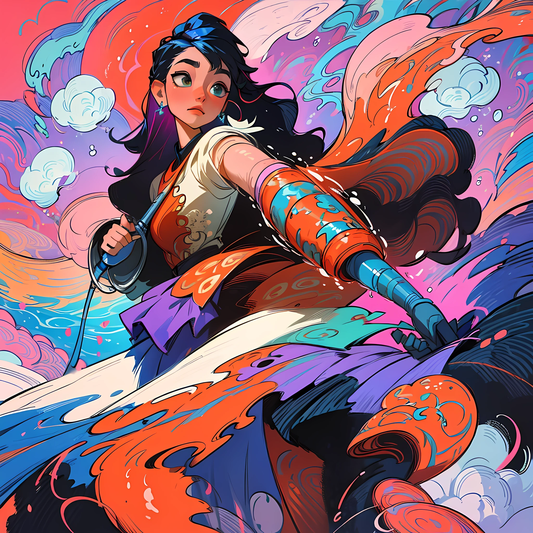 (Masterpiece, Top Quality, Best Quality, Official Art, Beauty and Aesthetics: 1.2), (1girl: 1.3), Very Detailed, (Fractal Art: 1.1), (Blue: 1.1) (Flowers: 1.3), Most Detailed, (Zentangle: 1.2), (Dynamic Pose), (Abstract Background: 1.3), (Shiny Skin), (Many Colors: 1.4), ,( earrings), (water:1.5), (Flamethrower:1.3), red background, Phoenix skirt,