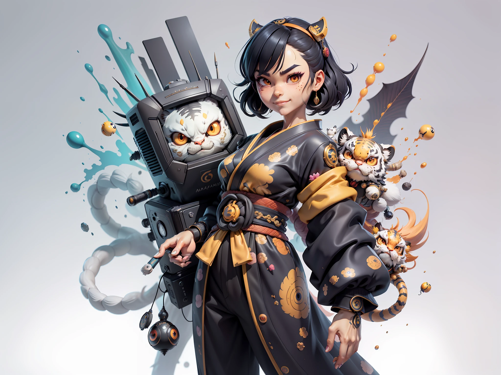 (Masterpiece), (Extreme Quality), (Super Meticulous), (Full Body: 1.2), Super Young Woman, Japanese Female Geisha, Beauty, Chinese Dragon, Tiger, Fengshen Thor, Sexy, Bursting, Oriental Face, TV Anchor, Bust Portrait Illustration, Alone, Black Suit, Blue Tie, Slightly Chubby, Very Clean Face, No Beard, Black Super Short Hair, Black Eyes, Confident Smile, 3c Computer Sub-Products, iPad, iPhone, Digital Painting, 3D character design by Mark Clairedon and Pixar and Hayao Miyazaki and Akira Toriyama, the illustrations are HD illustrations in 4K resolution with highly detailed facial features and cartoon-style visuals.