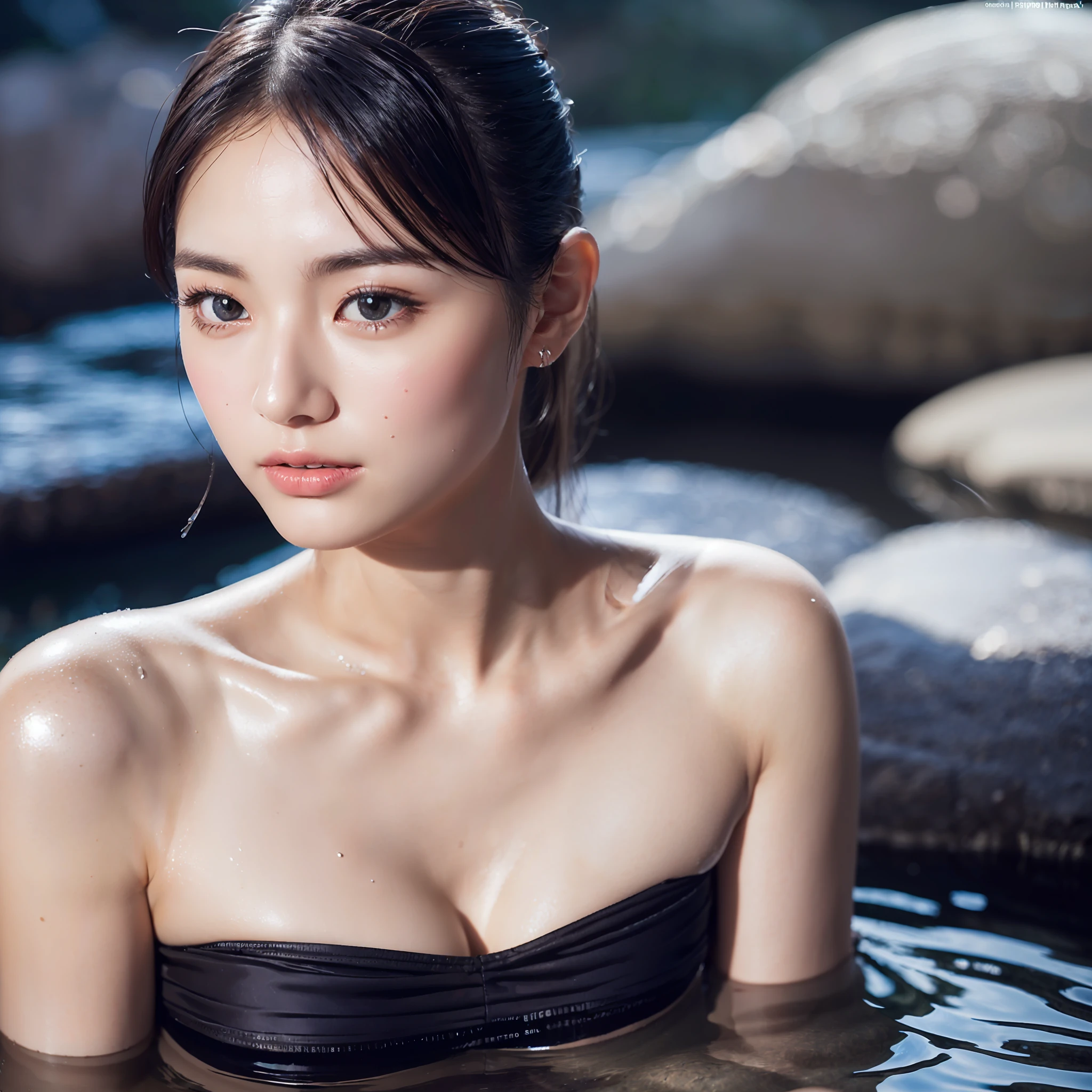 Top quality, delicate details, very detailed eyes and face, ((night))), (open-air rock bath), (white cloudy water), 1 beautiful girl, sweat, ponytail, upbeat cheeks, no makeup, upper eyes, strapless, lighting on figure, (((((background dark))))