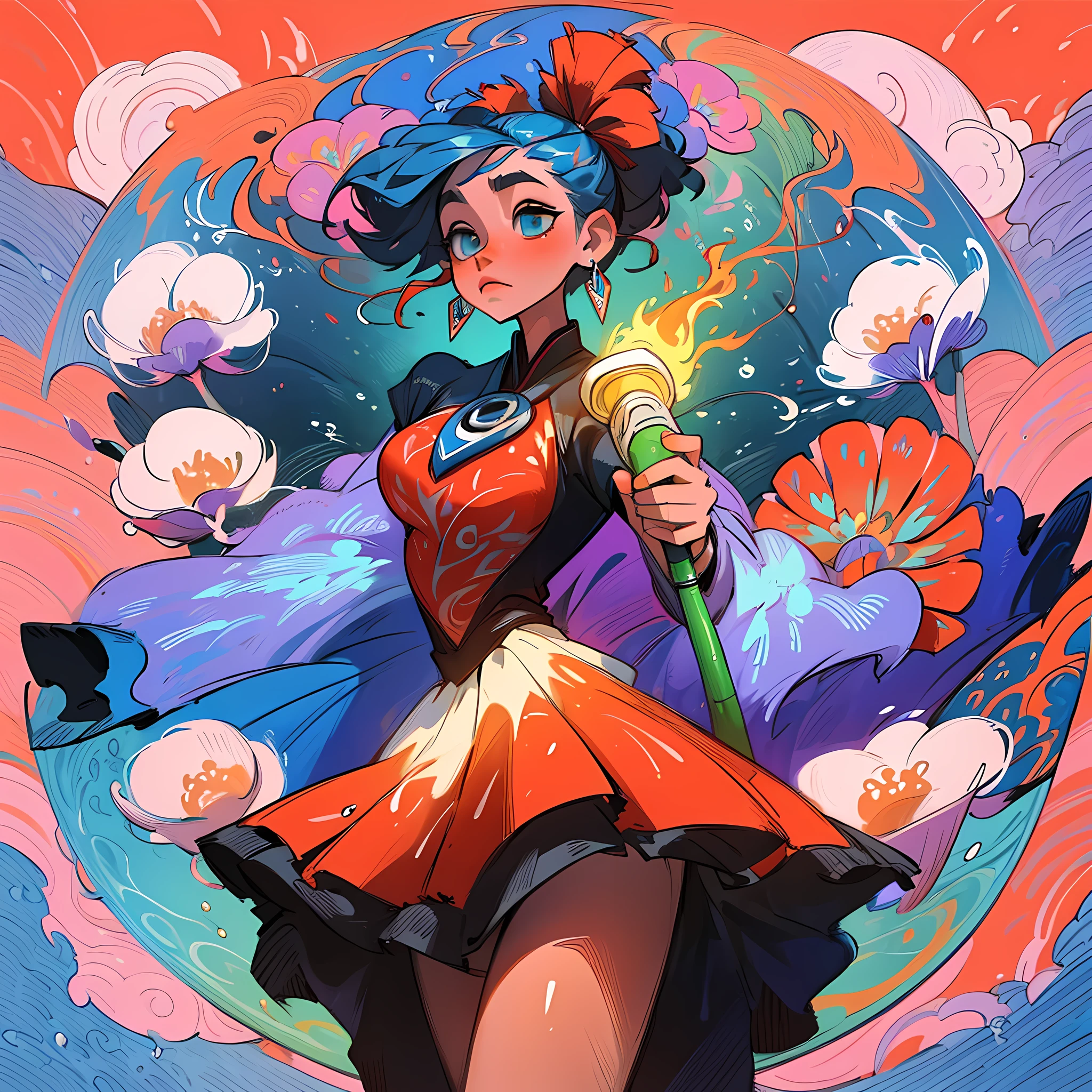 (Masterpiece, Top Quality, Best Quality, Official Art, Beauty and Aesthetics: 1.2), (1girl: 1.3), Very Detailed, (Fractal Art: 1.1), (Blue: 1.1) (Flowers: 1.3), Most Detailed, (Zentangle: 1.2), (Dynamic Pose), (Abstract Background: 1.3), (Shiny Skin), (Many Colors: 1.4), ,( earrings), (water:1.5), (Flamethrower:1.3), red background, Phoenix skirt,
