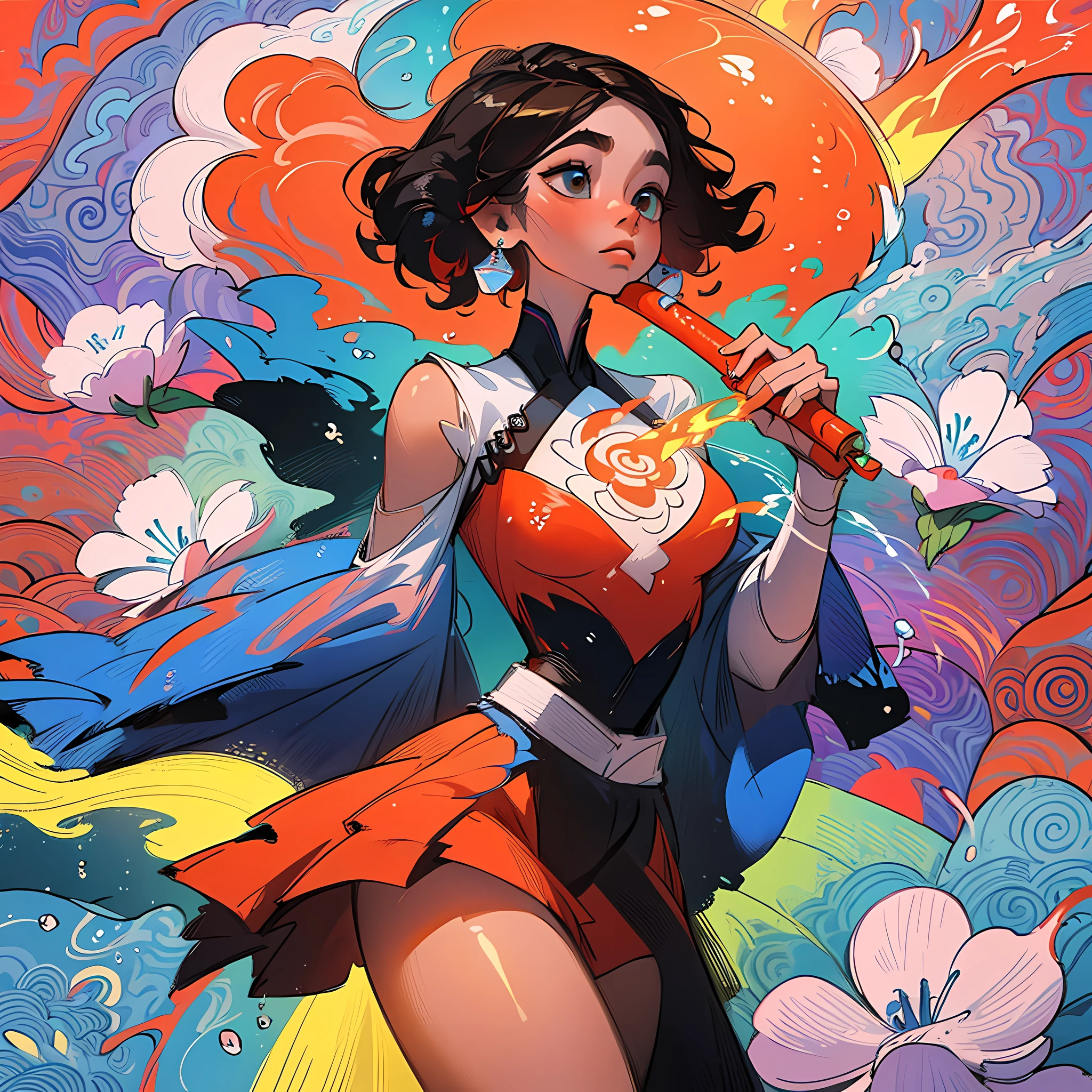 (Masterpiece, Top Quality, Best Quality, Official Art, Beauty and Aesthetics: 1.2), (1girl: 1.3), Very Detailed, (Fractal Art: 1.1), (Blue: 1.1) (Flowers: 1.3), Most Detailed, (Zentangle: 1.2), (Dynamic Pose), (Abstract Background: 1.3), (Shiny Skin), (Many Colors: 1.4), ,( earrings), (water:1.5), (Flamethrower:1.3), red background, Phoenix skirt,