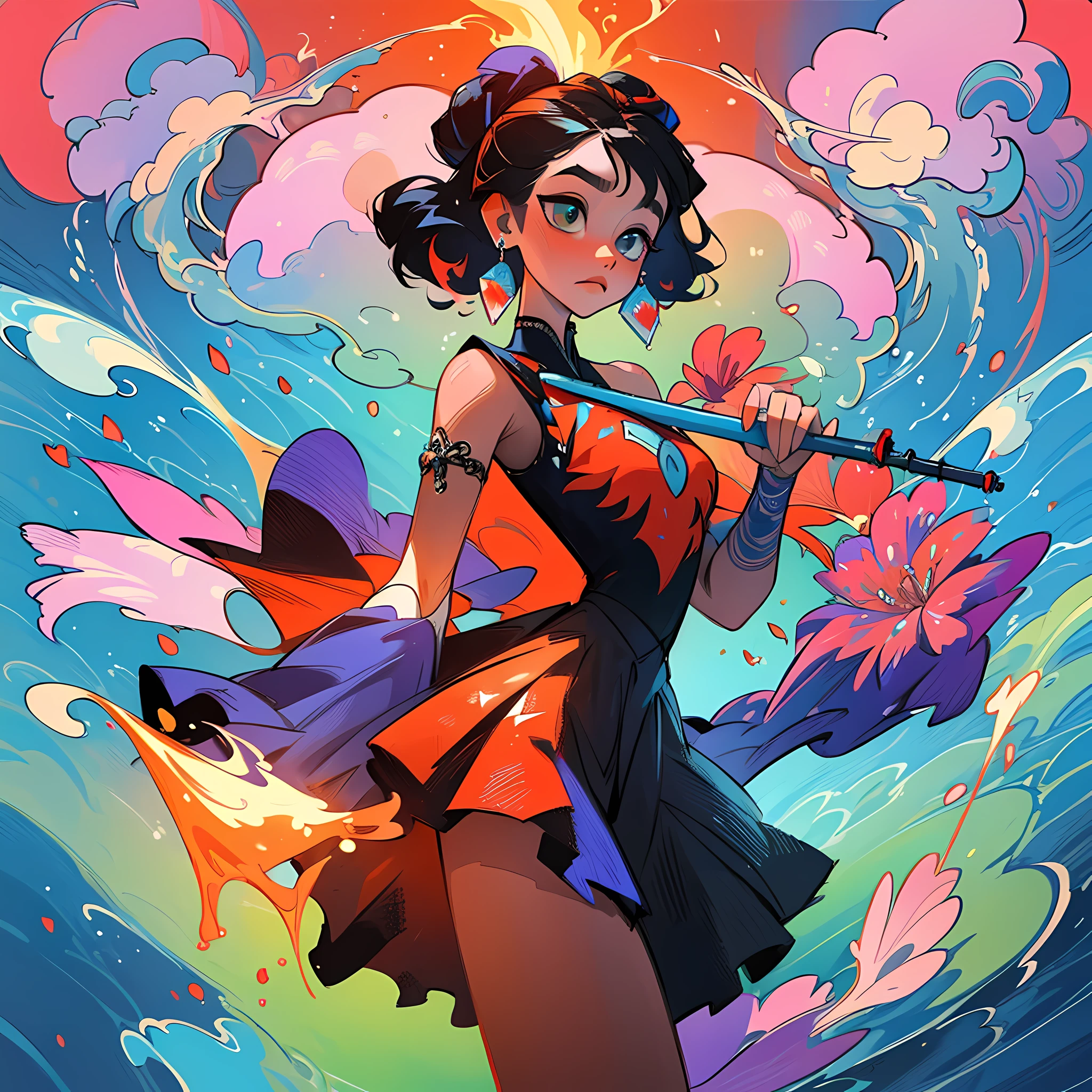 (Masterpiece, Top Quality, Best Quality, Official Art, Beauty and Aesthetics: 1.2), (1girl: 1.3), Very Detailed, (Fractal Art: 1.1), (Blue: 1.1) (Flowers: 1.3), Most Detailed, (Zentangle: 1.2), (Dynamic Pose), (Abstract Background: 1.3), (Shiny Skin), (Many Colors: 1.4), ,( earrings), (water:1.5), (Flamethrower:1.3), red background, Phoenix skirt,