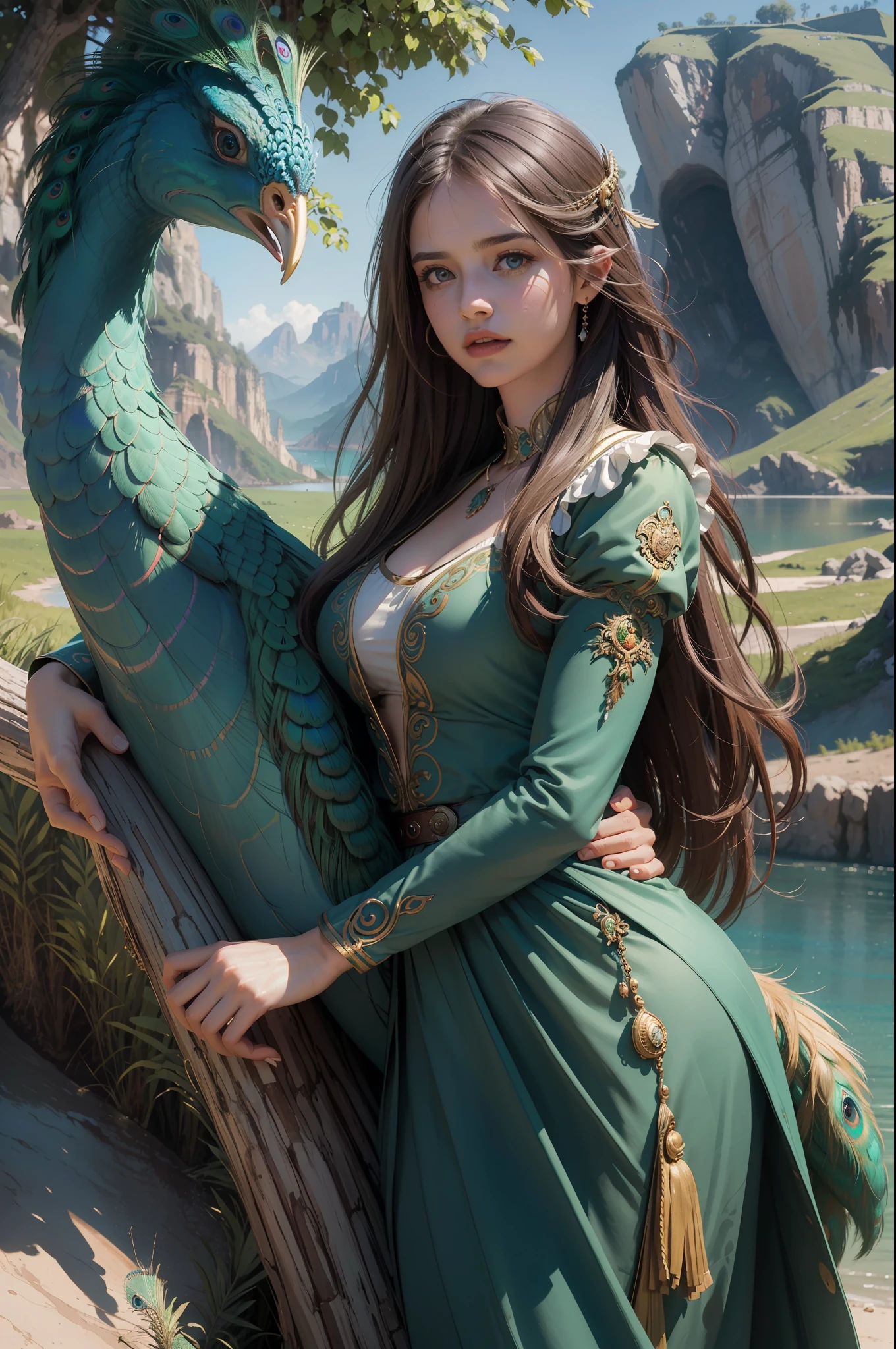 fantastic realism, masterpiece, super detailed, 1 beautiful girl, hugging a giant peacock, plain, background lake, detailed background, (top quality, Alessandro Casa Grande, Greg Rutkowski, Sally Mann, concept art, 4k),