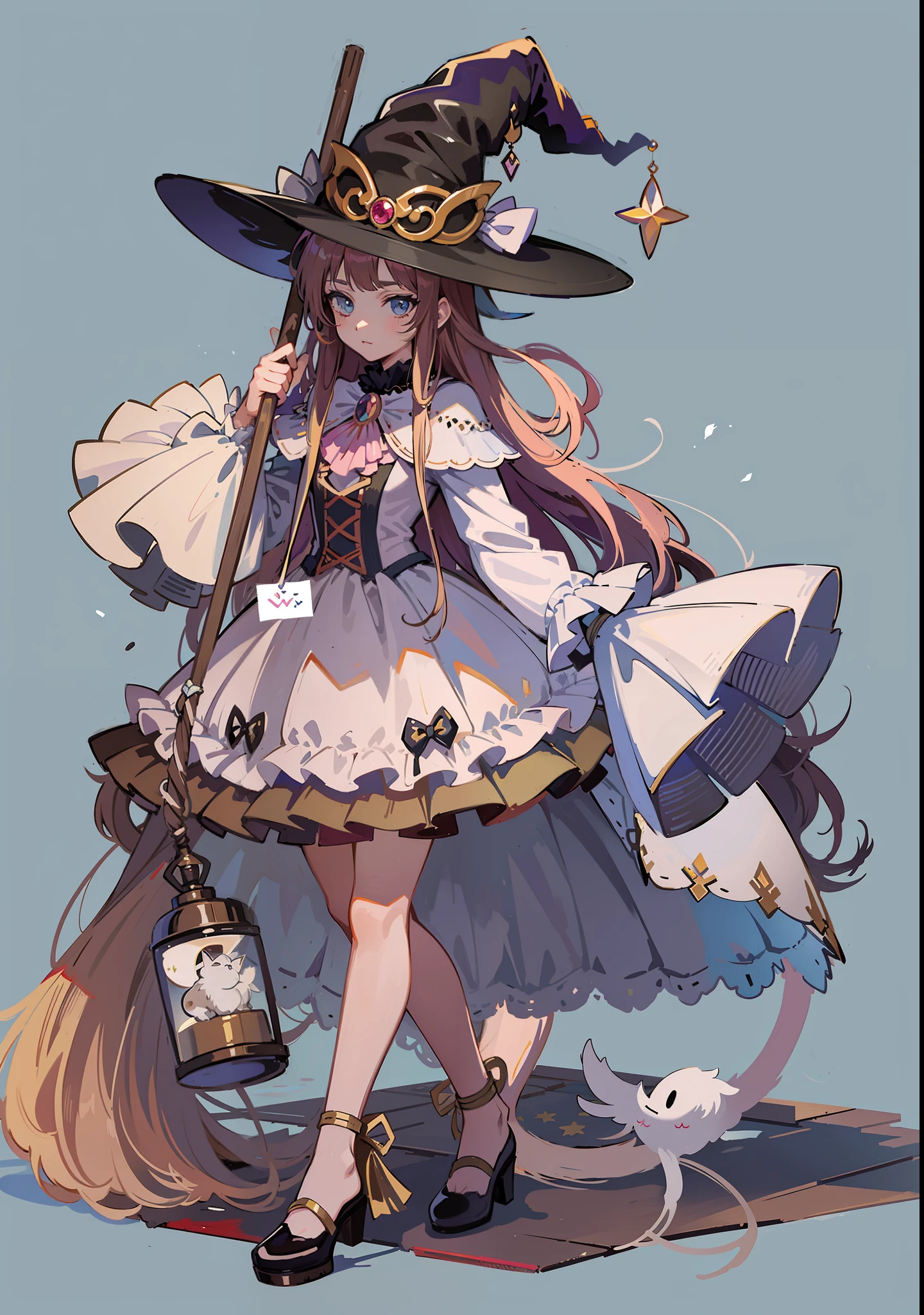 A close-up of a man with a cat and a broom, classical witch, witch girl, guvez, astral witch costume, witch core clothes, wearing long and fluent clothes, witch costume, very beautiful anime cat girl, anime full body illustration, beautiful anime cat girl, high quality anime art style, anime character magician