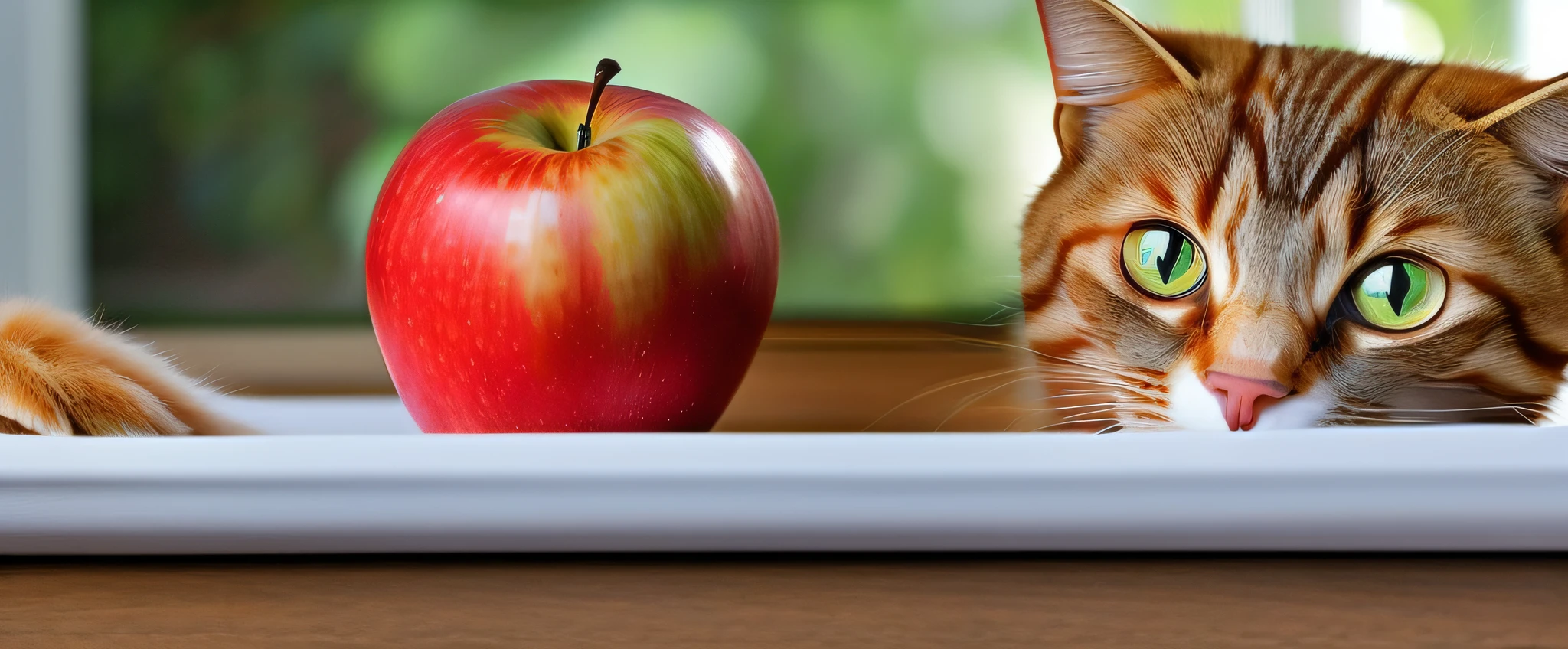 Visualize a charming scene featuring a cat and an apple. The cat is a fluffy, tabby with bright, curious eyes, and it's sniffing or pawing at a shiny, red apple. The setting is a cozy home environment, perhaps a kitchen table or a comfortable living room. The lighting is warm and inviting, casting a soft glow on the cat and the apple. The colors are rich and natural, with a palette that includes the red of the apple, the earth tones of the cat, and the warm hues of the room. The camera is a high-resolution digital SLR, using a 50mm lens to capture the scene in sharp detail. The shot is composed to place the cat and the apple in the center, with the room providing a cozy backdrop. The style is hyper-realistic, with a high level of detail and a 16k resolution.