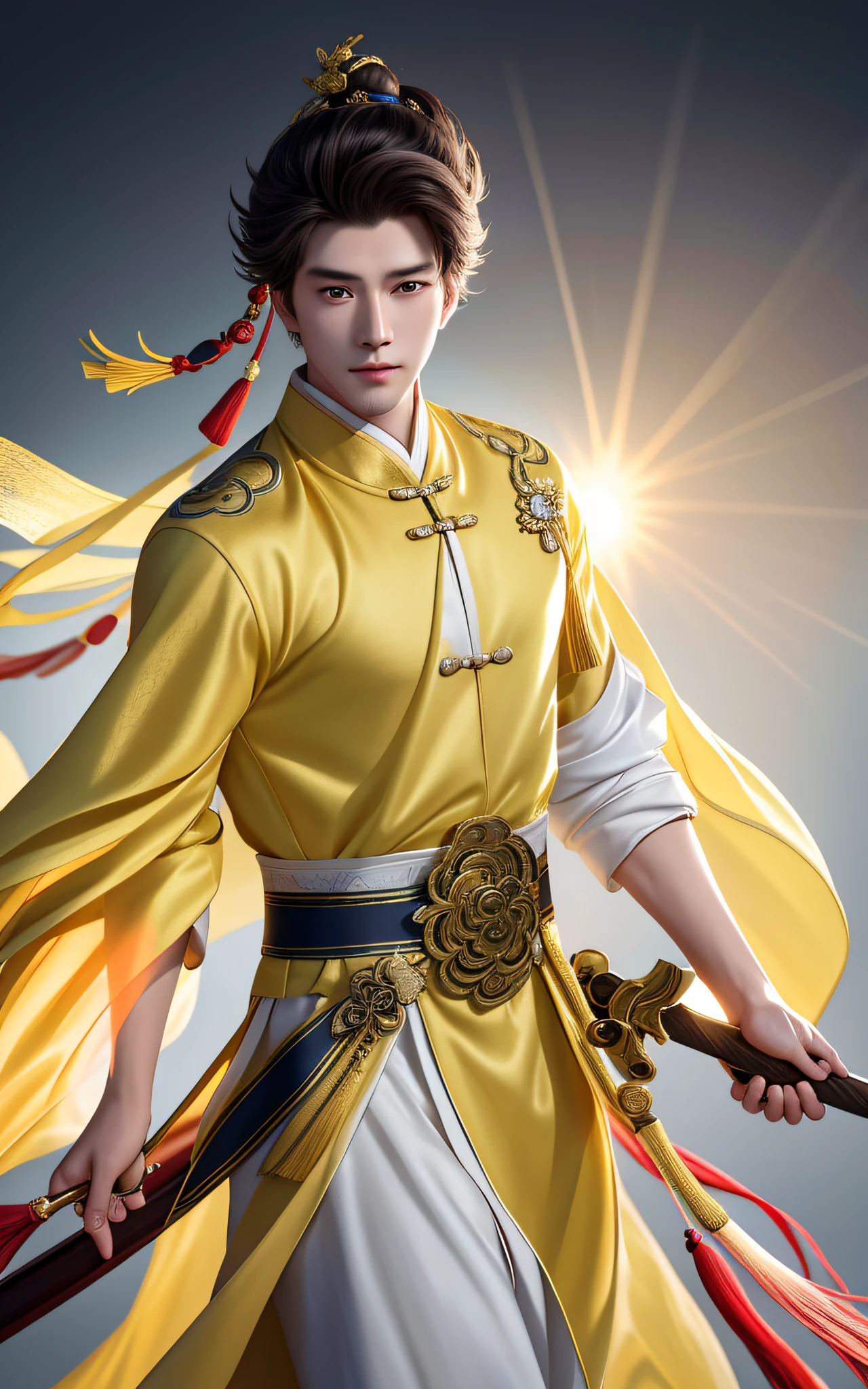 Best Quality, Masterpiece, High Resolution, 1boy, China, Hair Accessory, Folding Fan, Handsome Face, upon_body, Tyndall Effect, Realistic, Dark Studio, Edge Lighting, Two-tone Lighting, (High Detail Skin: 1.2), 8k UHD, DSLR Camera, Soft Lighting, High Quality, Volume Lighting, Frankness, Photo, High Resolution, 4K, 8K, Pure White Bokeh, 278 years old, Chinese costume man in light yellow light shirt, long sword hanging from his waist, floating, Handsome, dashing and elegant, the whole standing painting presents a 2.5-dimensional style, with smooth lines, clear silhouettes, and full shapes, showing the temperament of this ancient man.